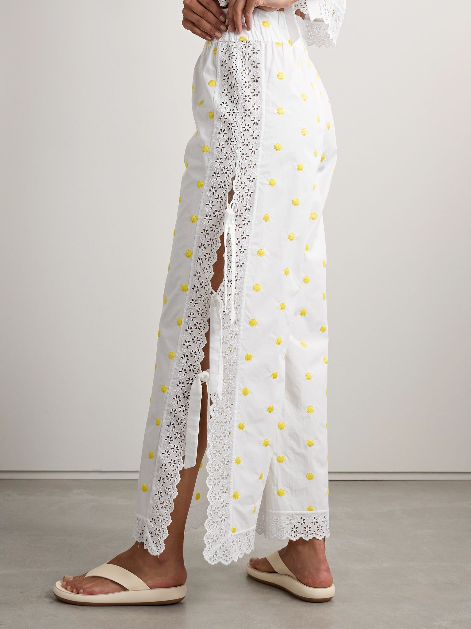 Broderie anglaise-trimmed polka-dot cotton wide-leg pants White - 3