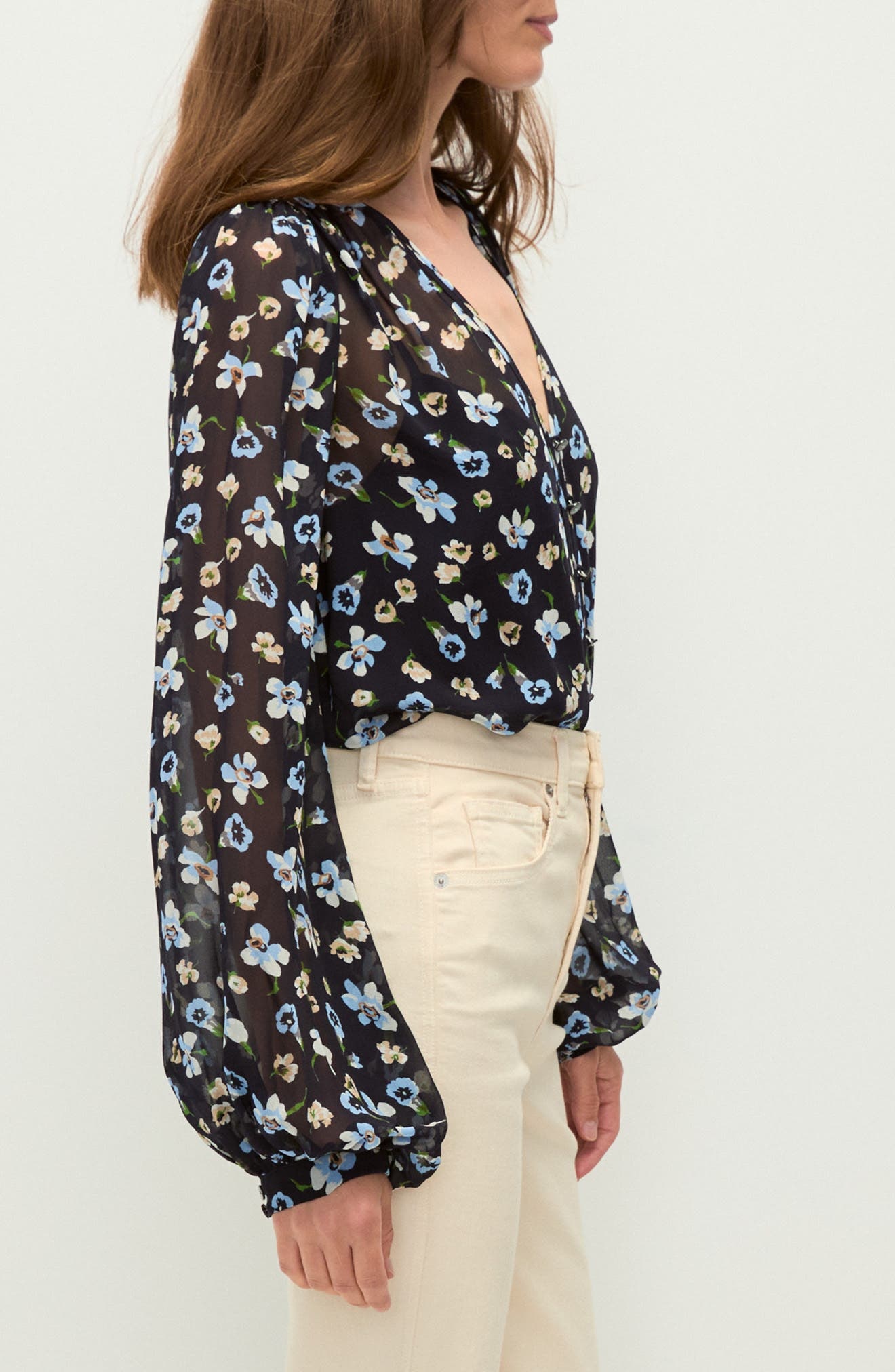 Veronica Beard Alec Floral Silk Chiffon Button-Up Shirt in Navy Multi at Nordstrom - 3