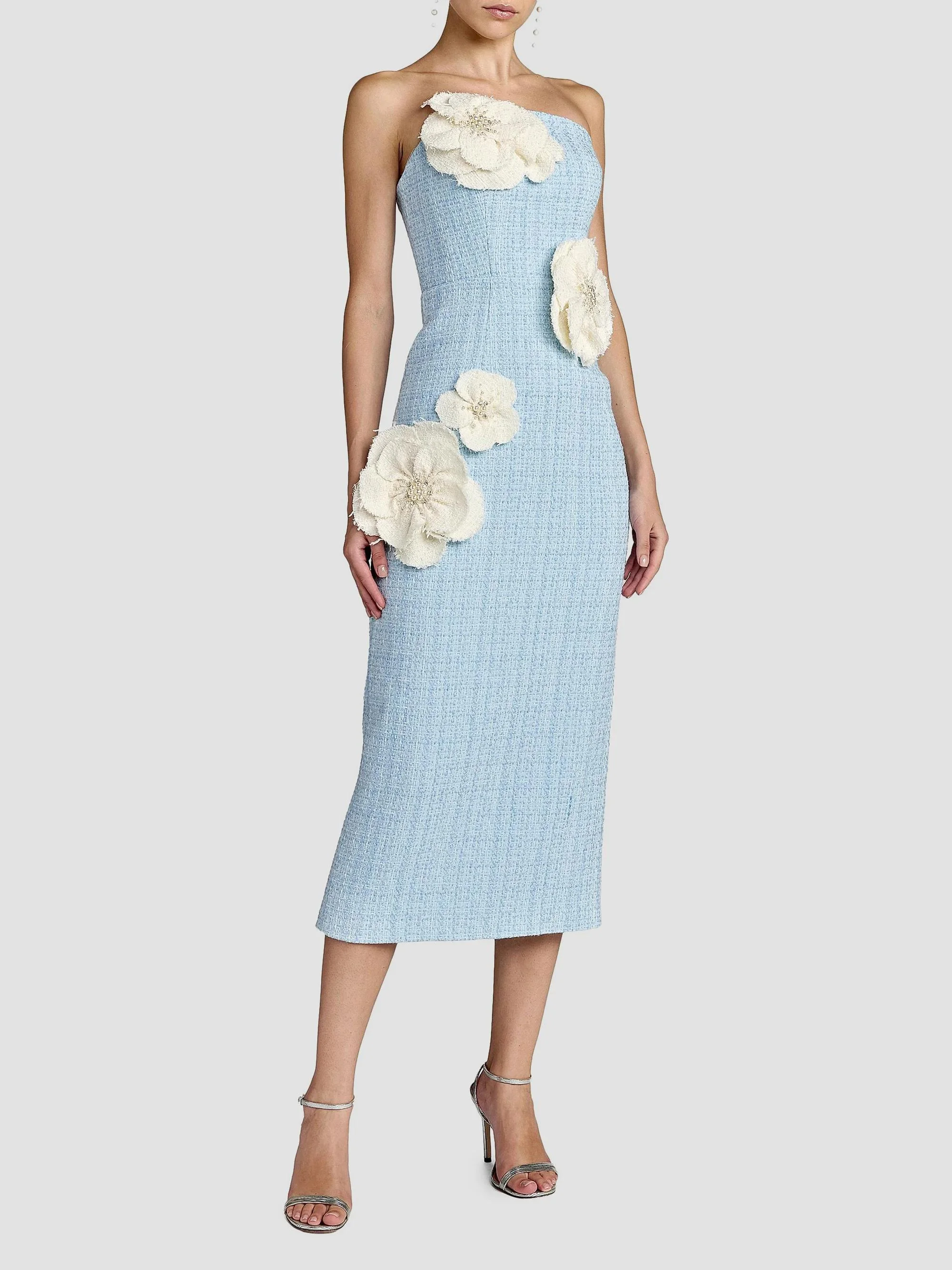 Women's Floral Appliqué Bouclé Strapless Midi-Dress - Powder Blue Multi - 1