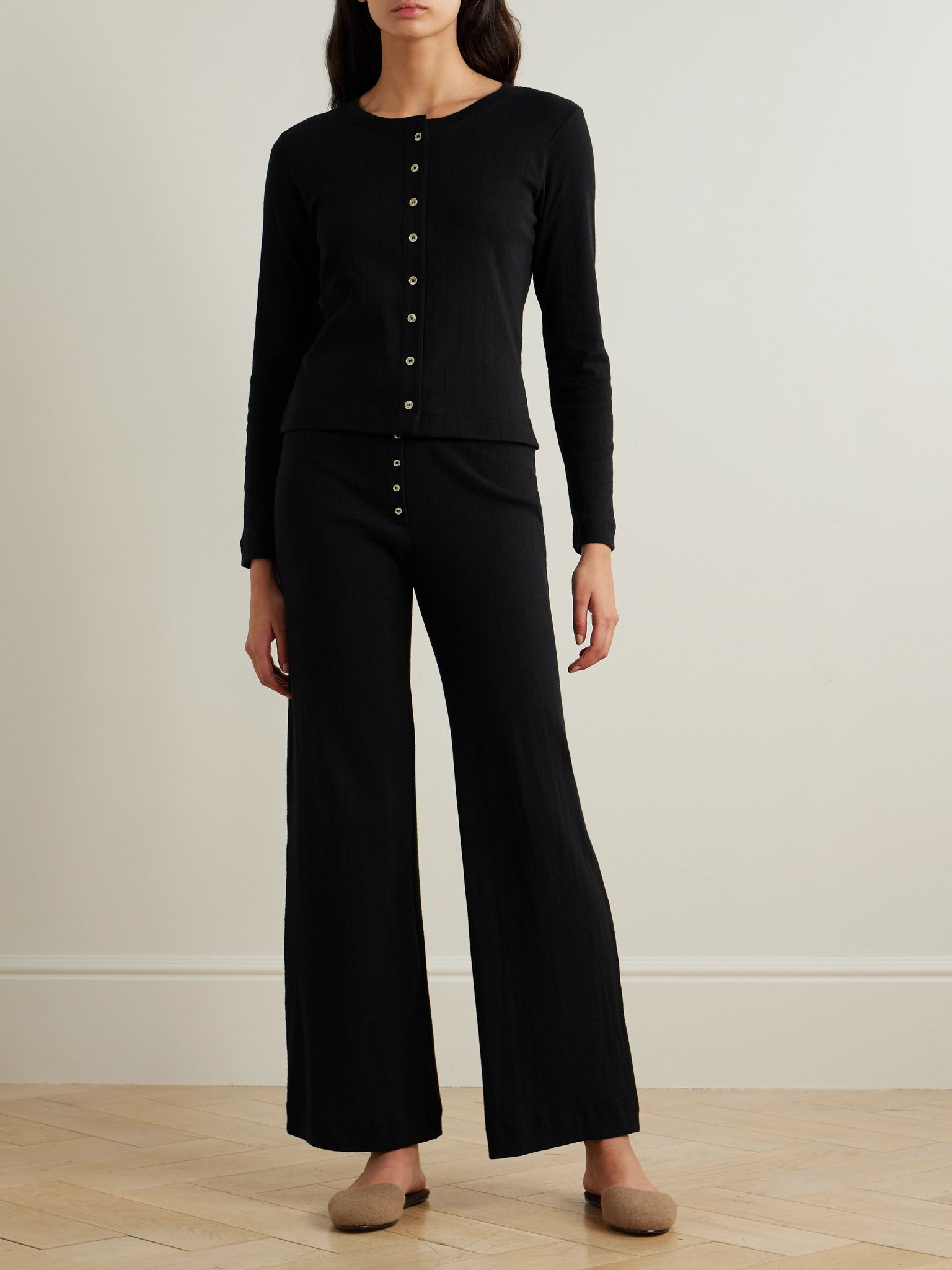 Pointelle-knit cotton cardigan Black - 3