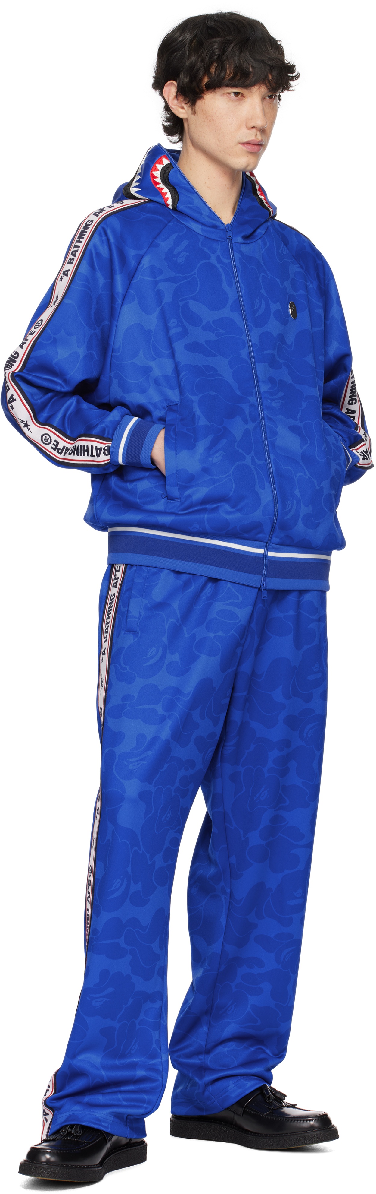 Blue Solid Camo Relaxed Fit Shark Full Zip Hoodie - 4