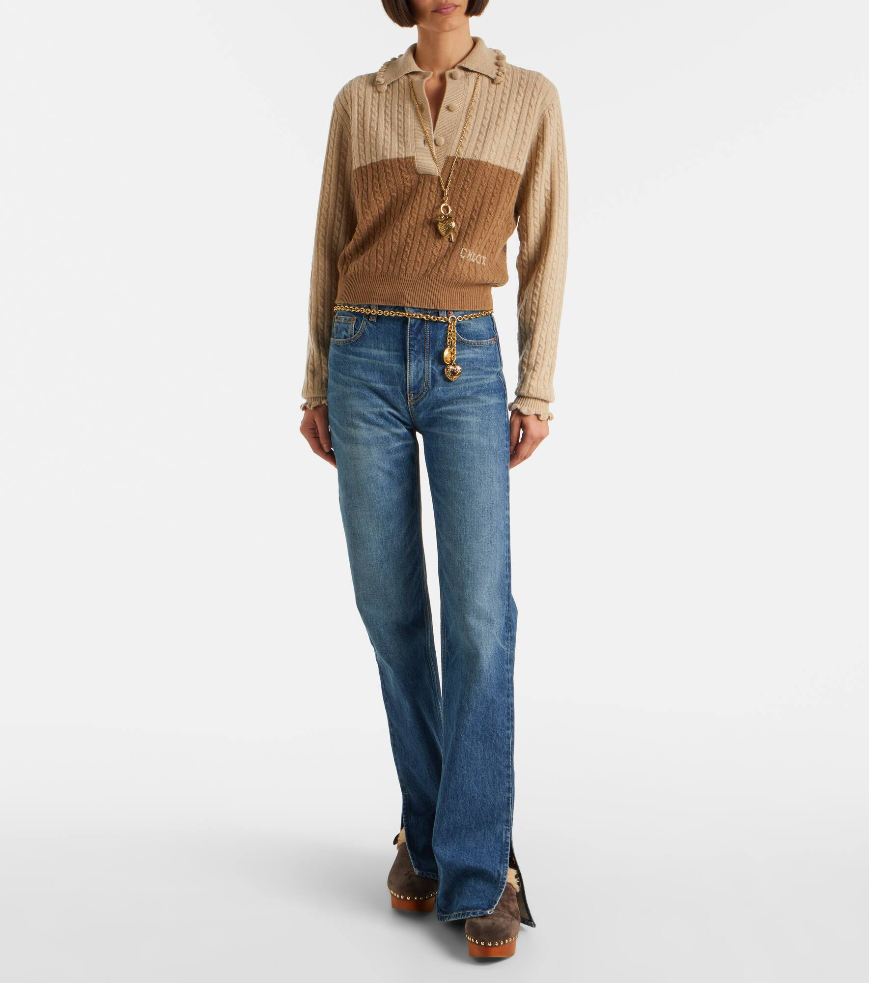 Jeannette shearling-trimmed suede wedge clogs - 3