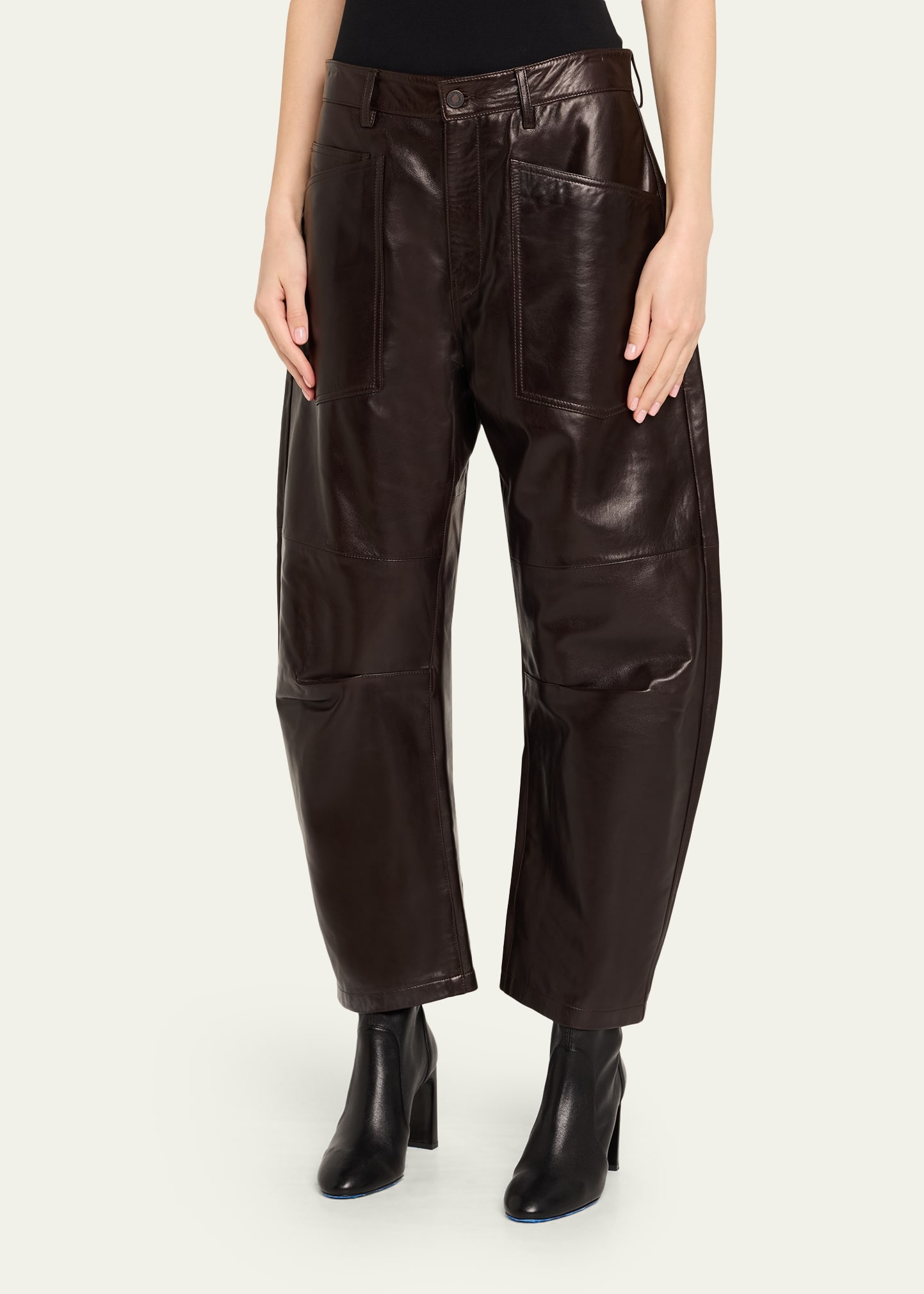 Shon Leather Barrel-Leg Ankle Pants - 4