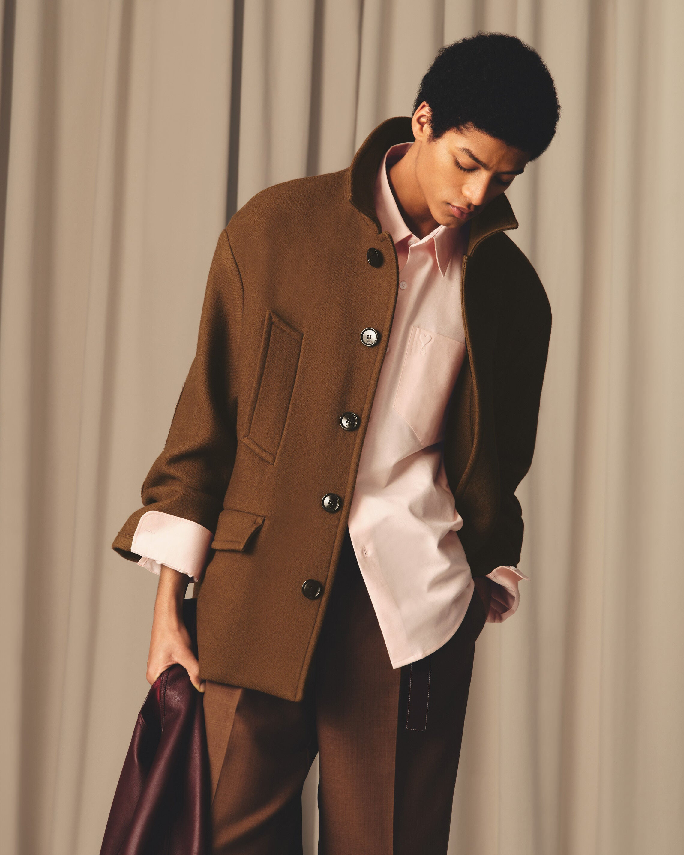 BROWN WOOL OVERSIZED HIGH COLLAR PEA COAT - 7