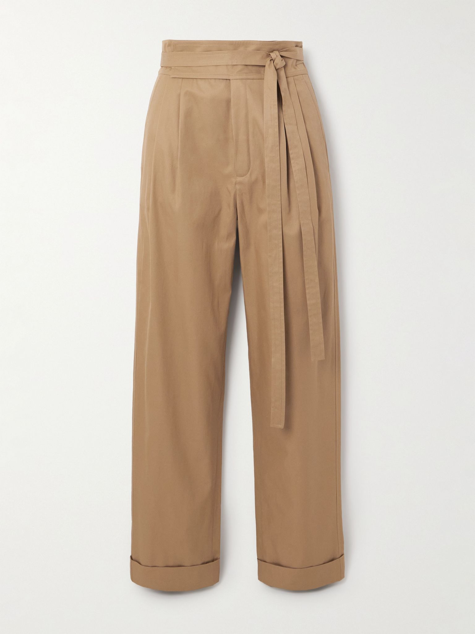 Belted pleated cotton-twill straight-leg pants Sand - 1