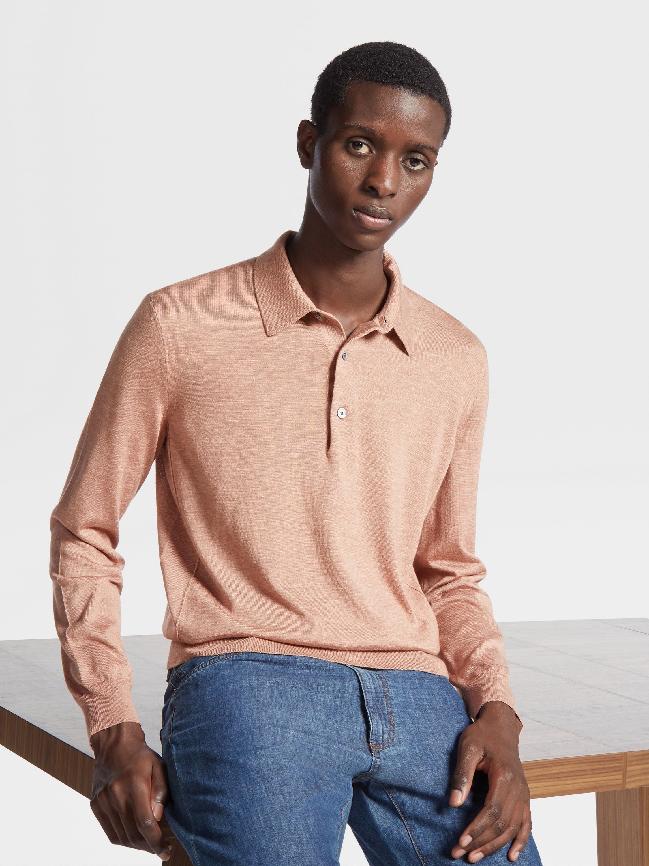 DUST PINK SILK CASHMERE AND LINEN POLO SHIRT - 5