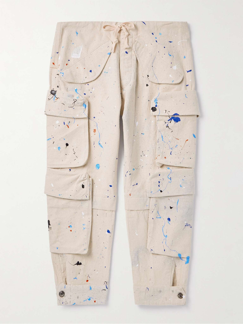 Tapered Cropped Paint-Splattered Cotton-Canvas Drawstring Cargo Trousers - 1