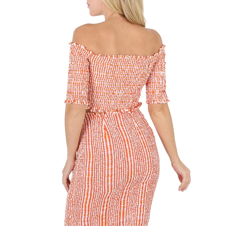 Kenzo Ladies Medium Orange Wavy Vichy Gingham Smocked Crop Top - 4