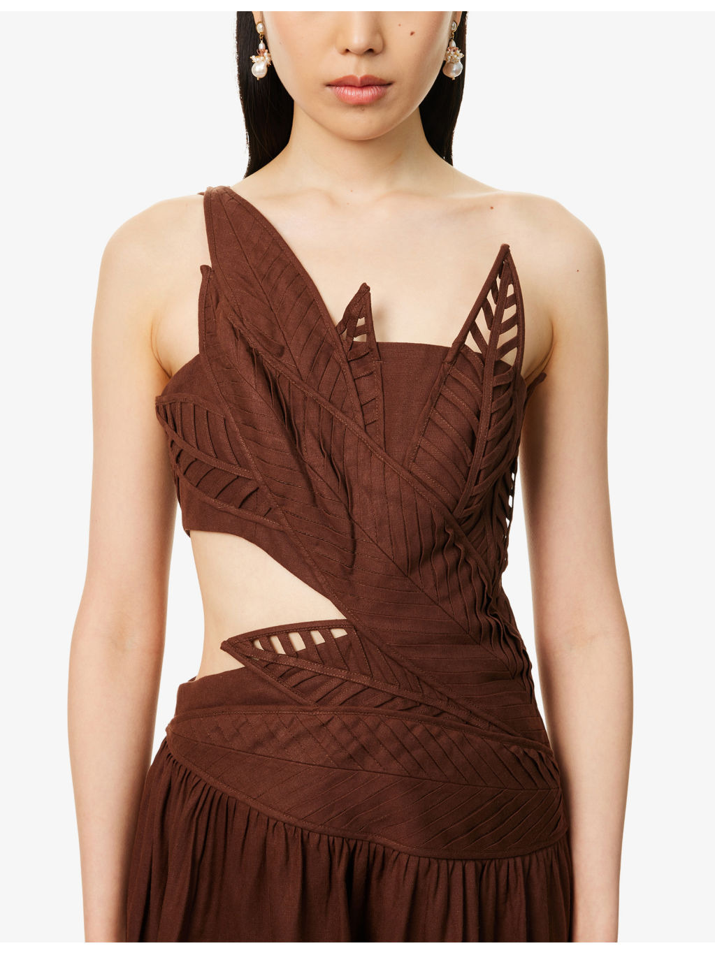 Leaves Cut-Out Linen-Blend Midi Dress - 5