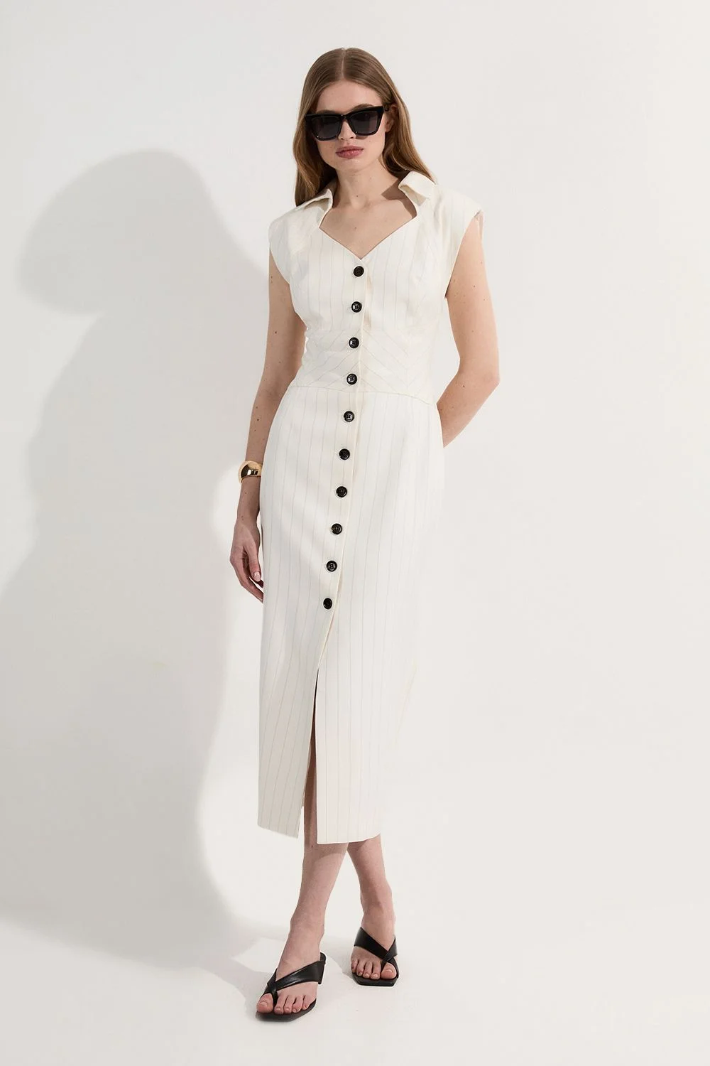 Pinstripe Corseted Tailored Pencil Midi Dress - 1