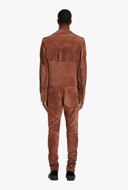 Balmain x Netflix -Hazelnut brown suede biker jacket - 3