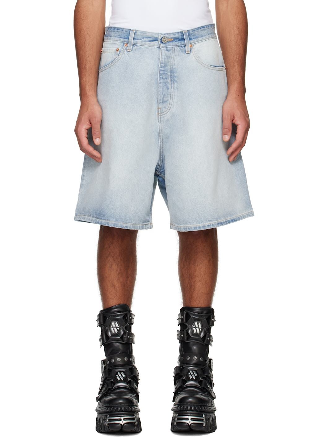 Blue Button-Fly Denim Shorts - 1