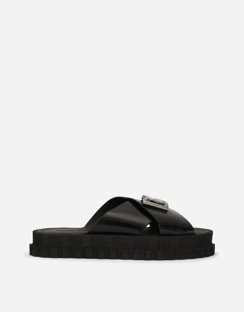 Crossover-strap sliders in brushed calfskin with maxi-logo 1