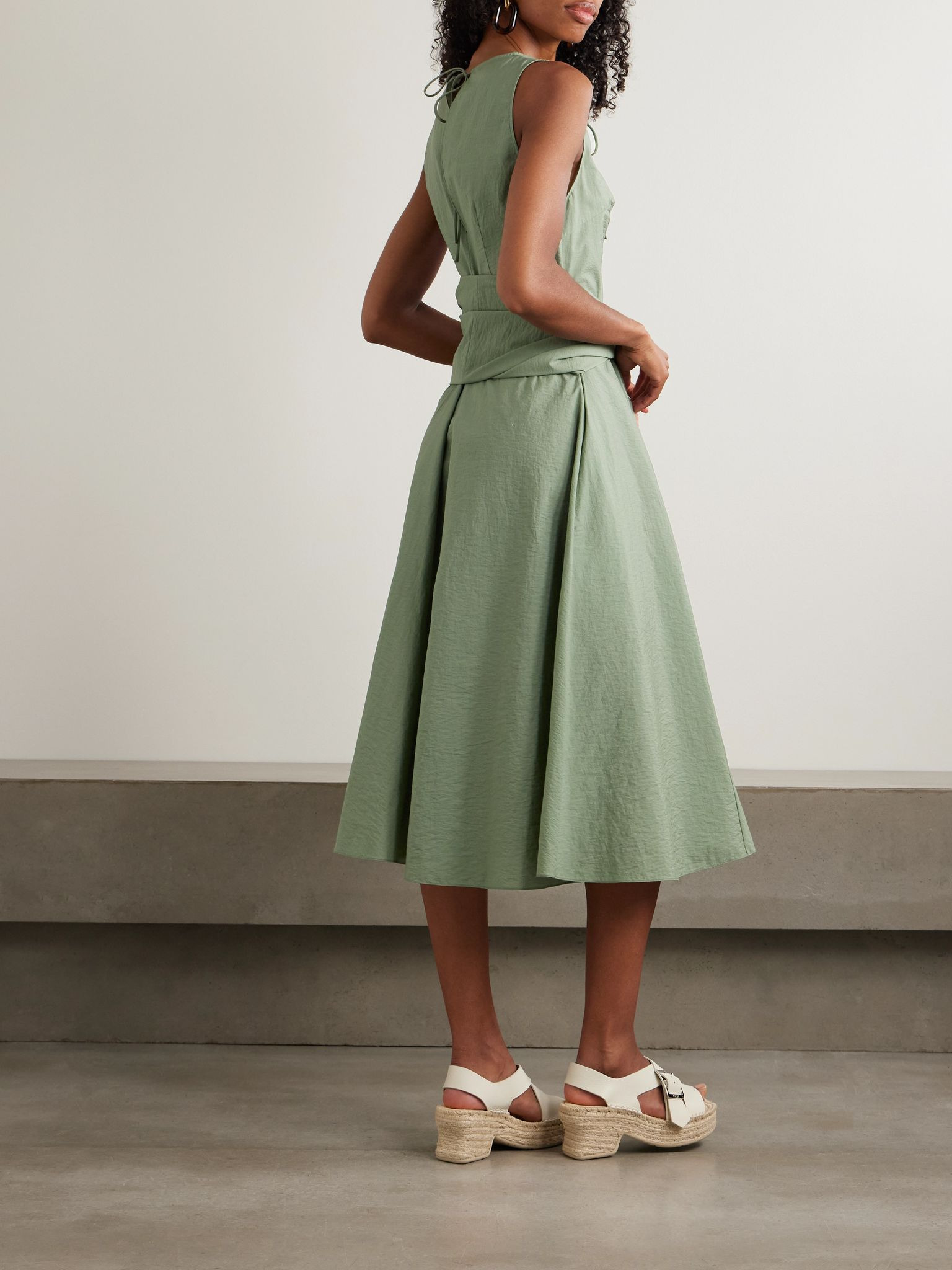 + Paula's Ibiza tie-detailed belted crinkled cotton-blend poplin midi dress Sage green - 4