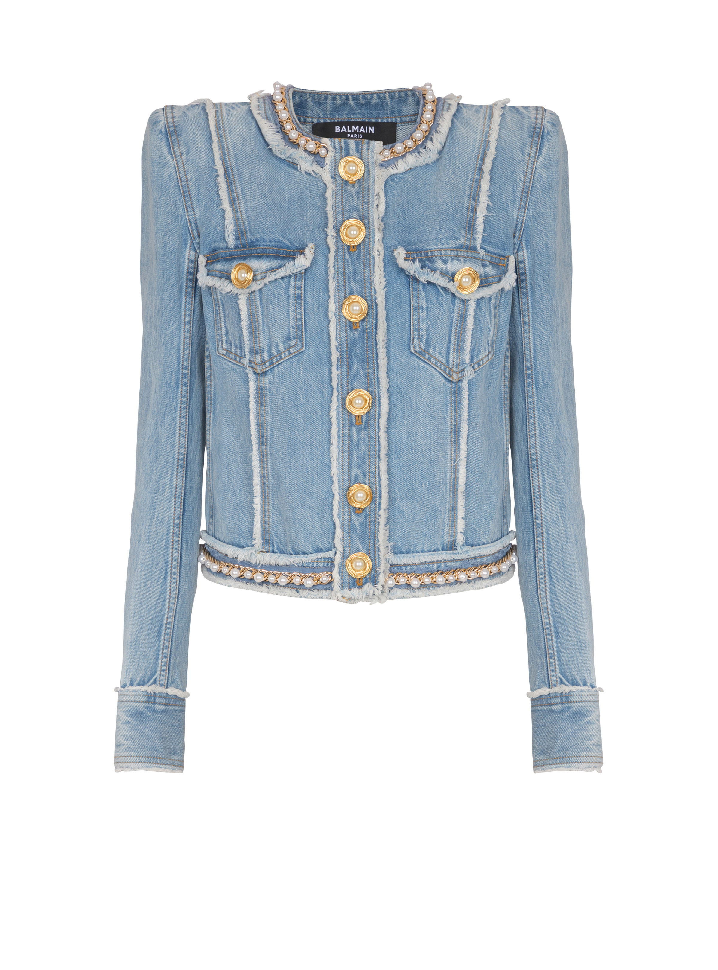 Denim jacket with pearl trim - 1