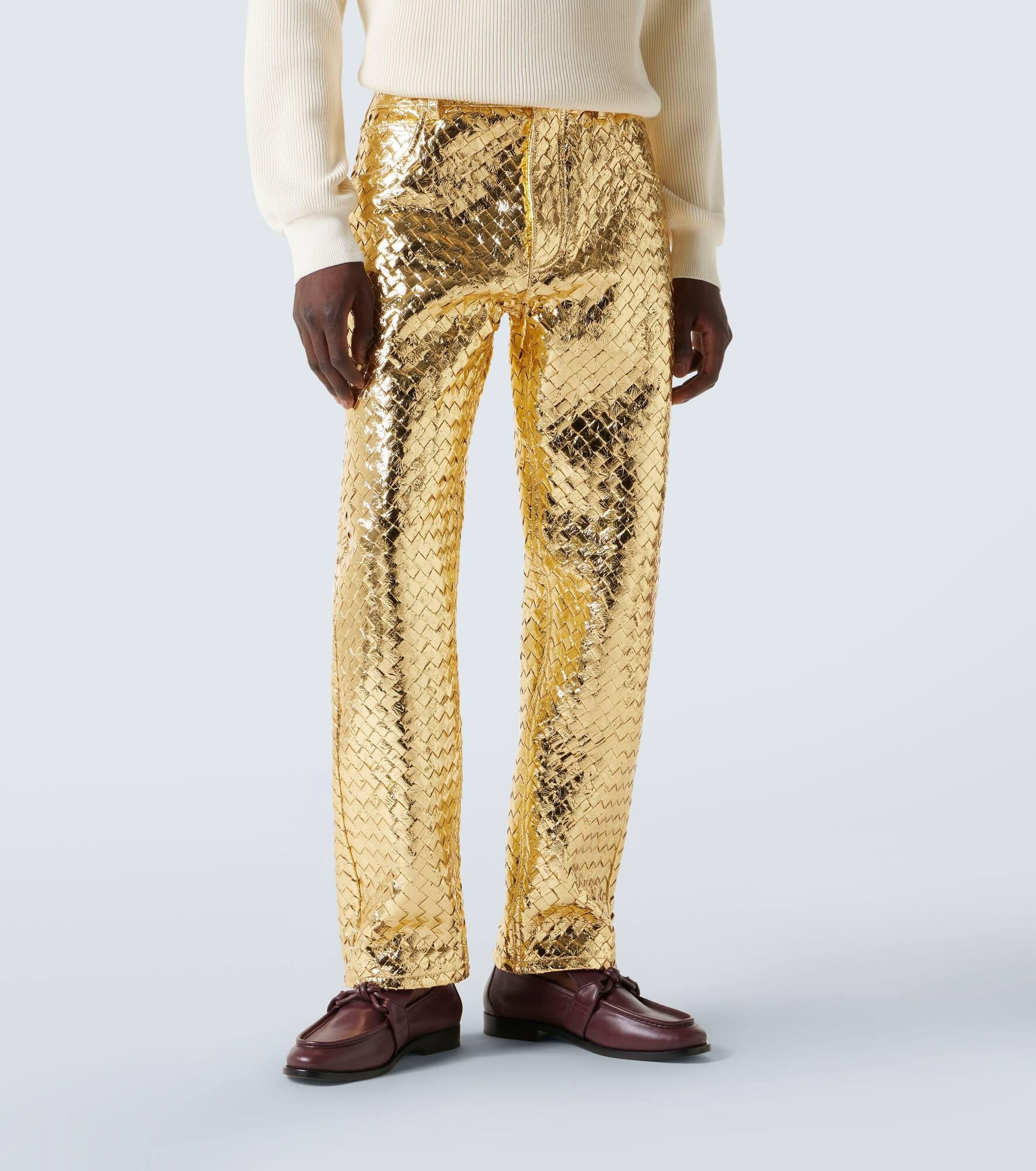 Intrecciato metallic leather straight pants - 3