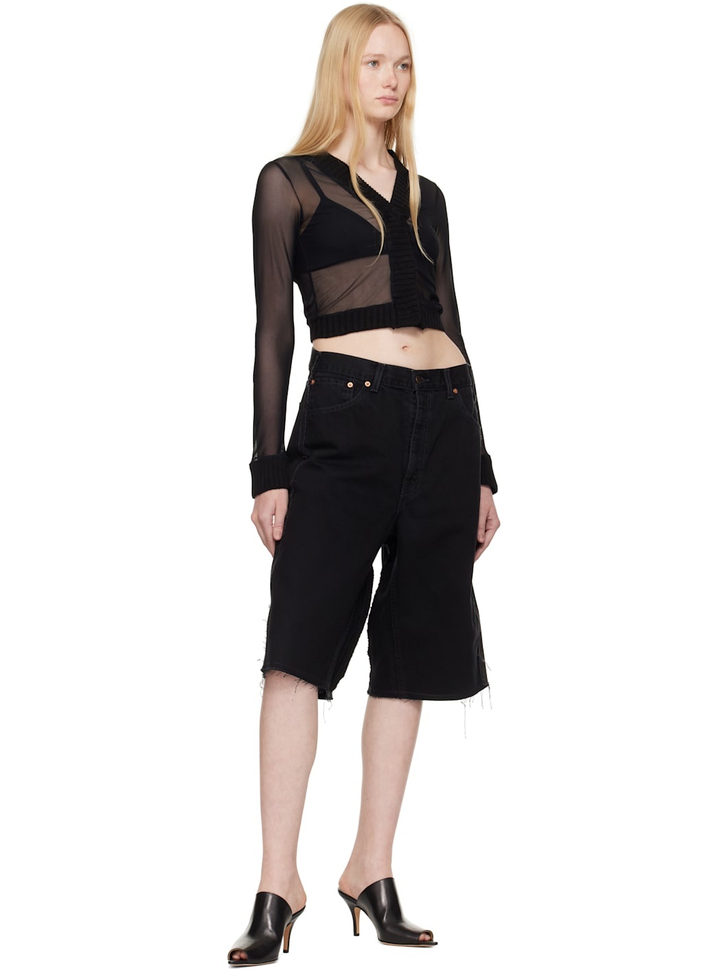 Black Elastic Jersey Mesh Long-Sleeved Cardigan - 4