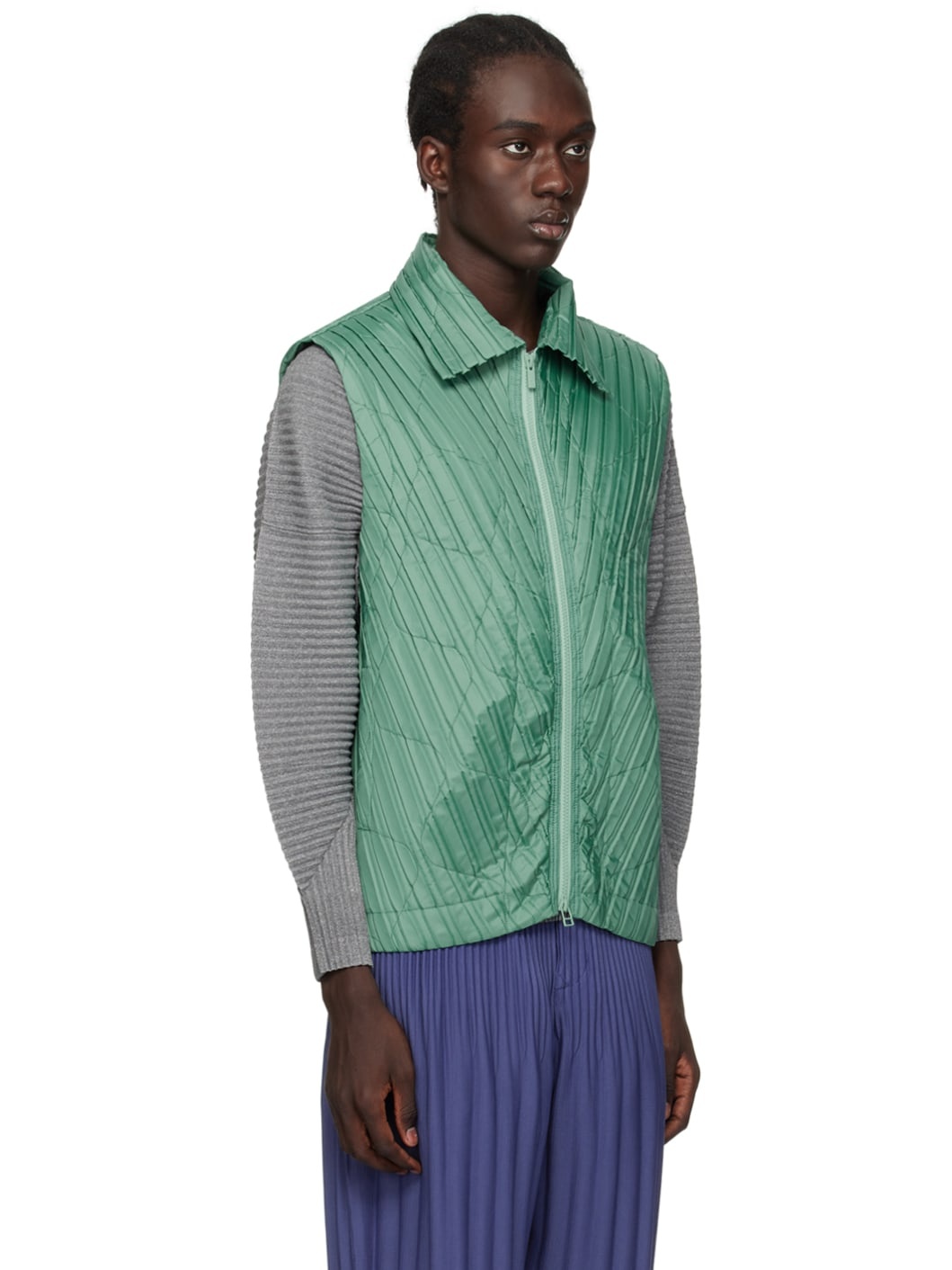 Green Padded Pleats Vest - 2