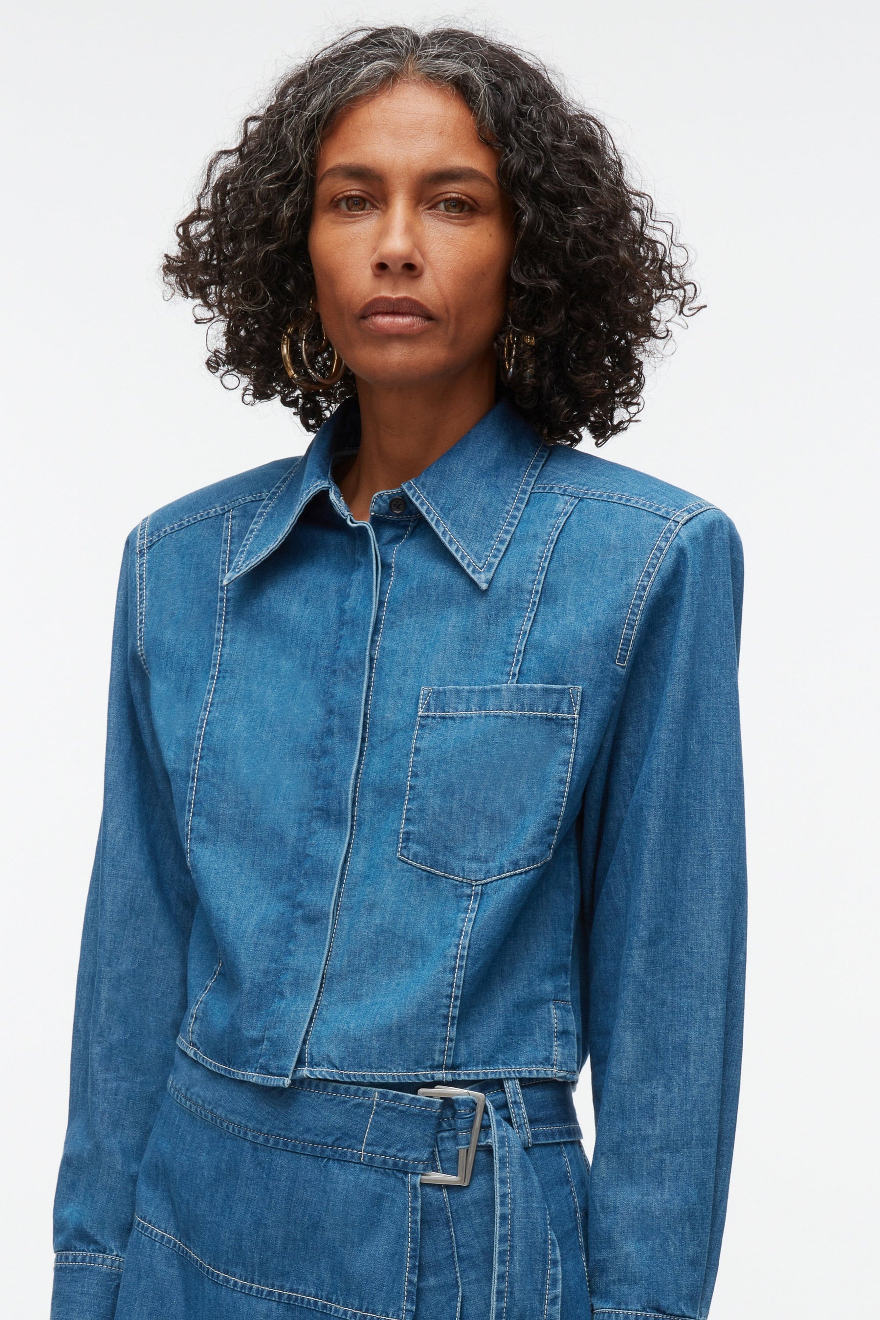 Chambray Cropped Shirt with Shoulder Pads - 5