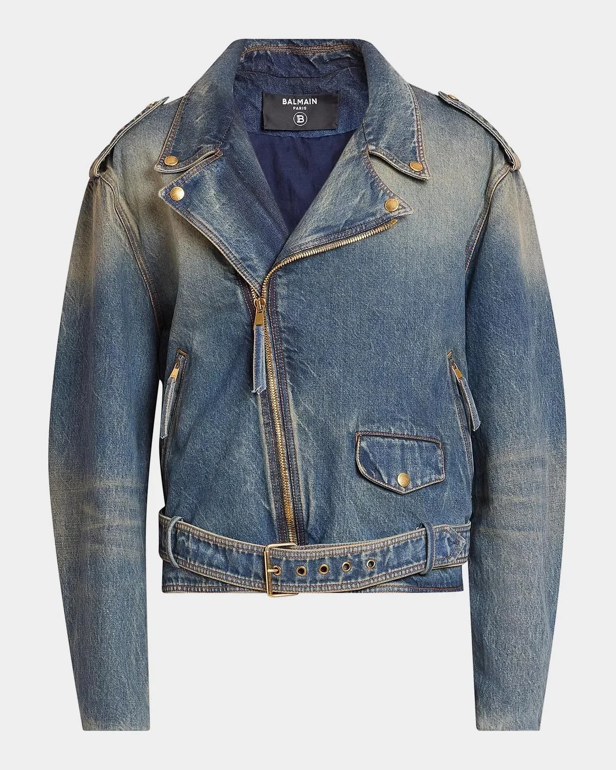 Men's Belted Denim Biker Jacket - 1