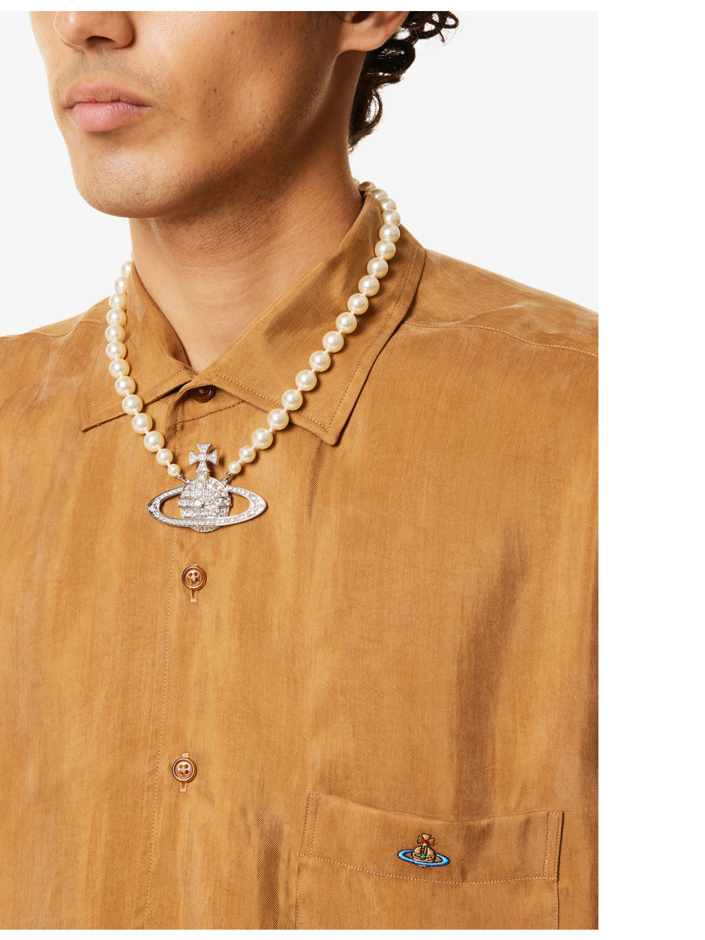 Bas Relief orb-pendant brass, Swarovski crystals and pearl necklace - 2