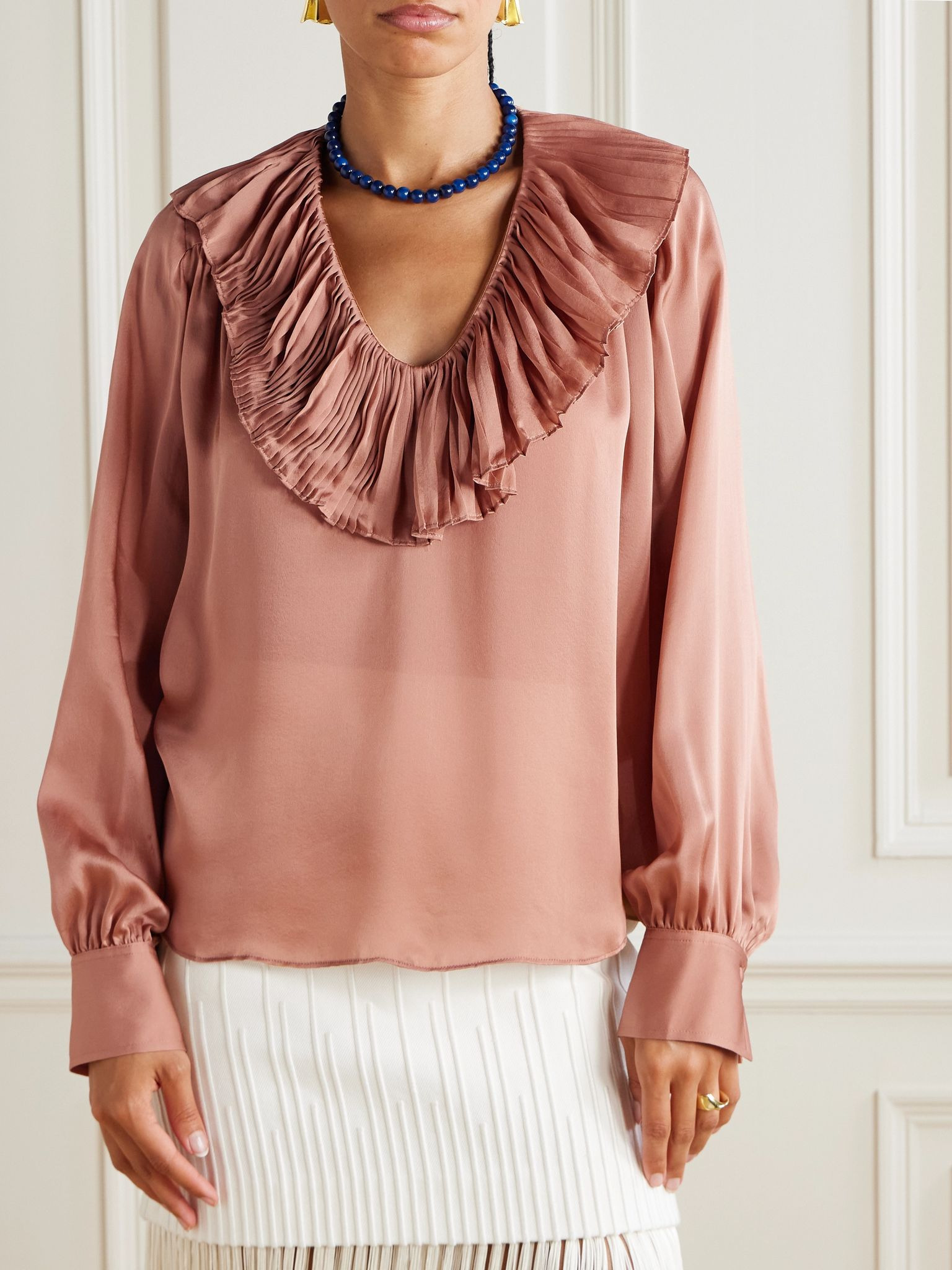 Pleated silk-satin blouse Antique rose - 3