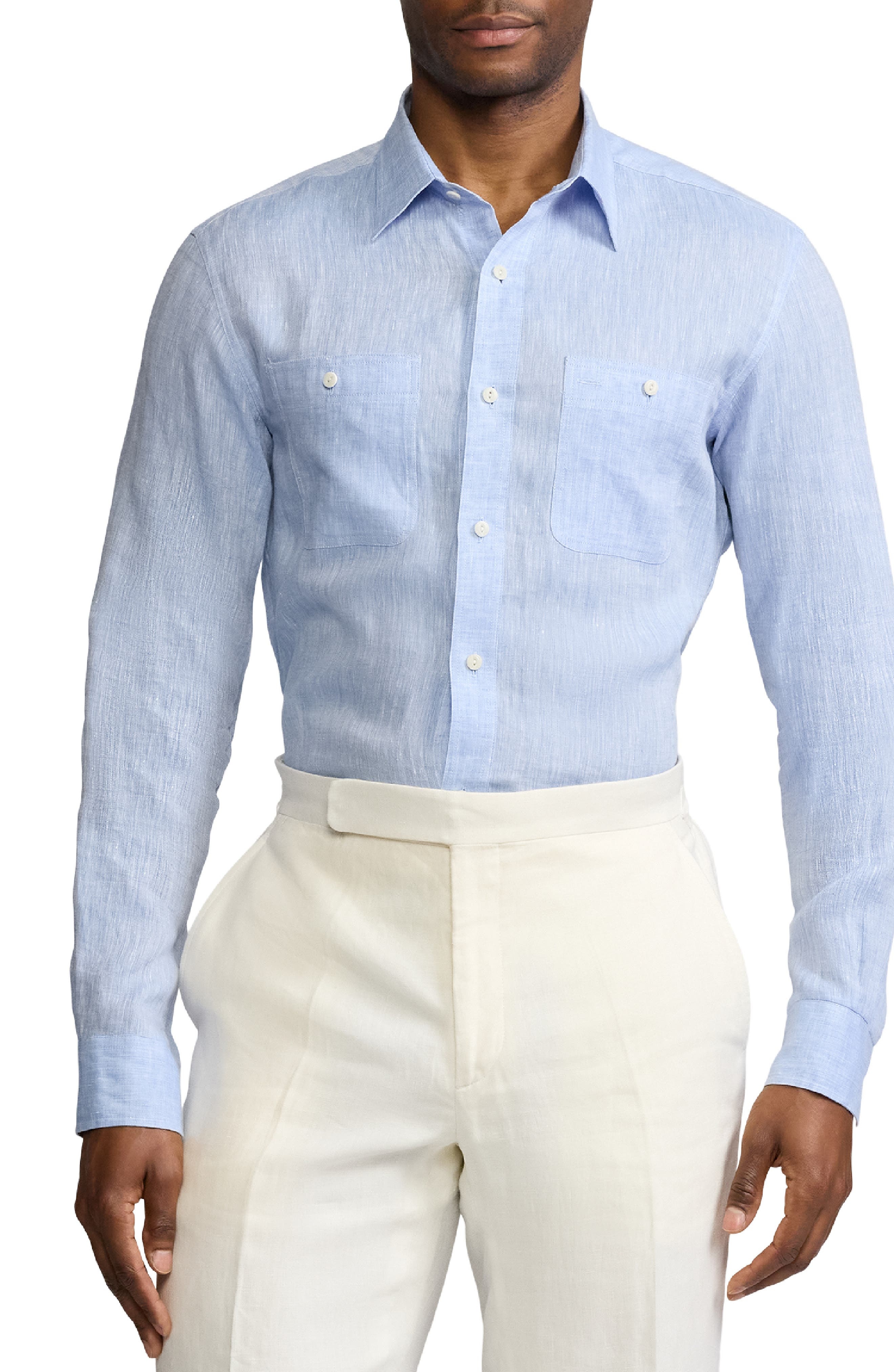 Ralph Lauren Purple Label Linen Chambray Button-Up Shirt in Light Blue at Nordstrom - 1