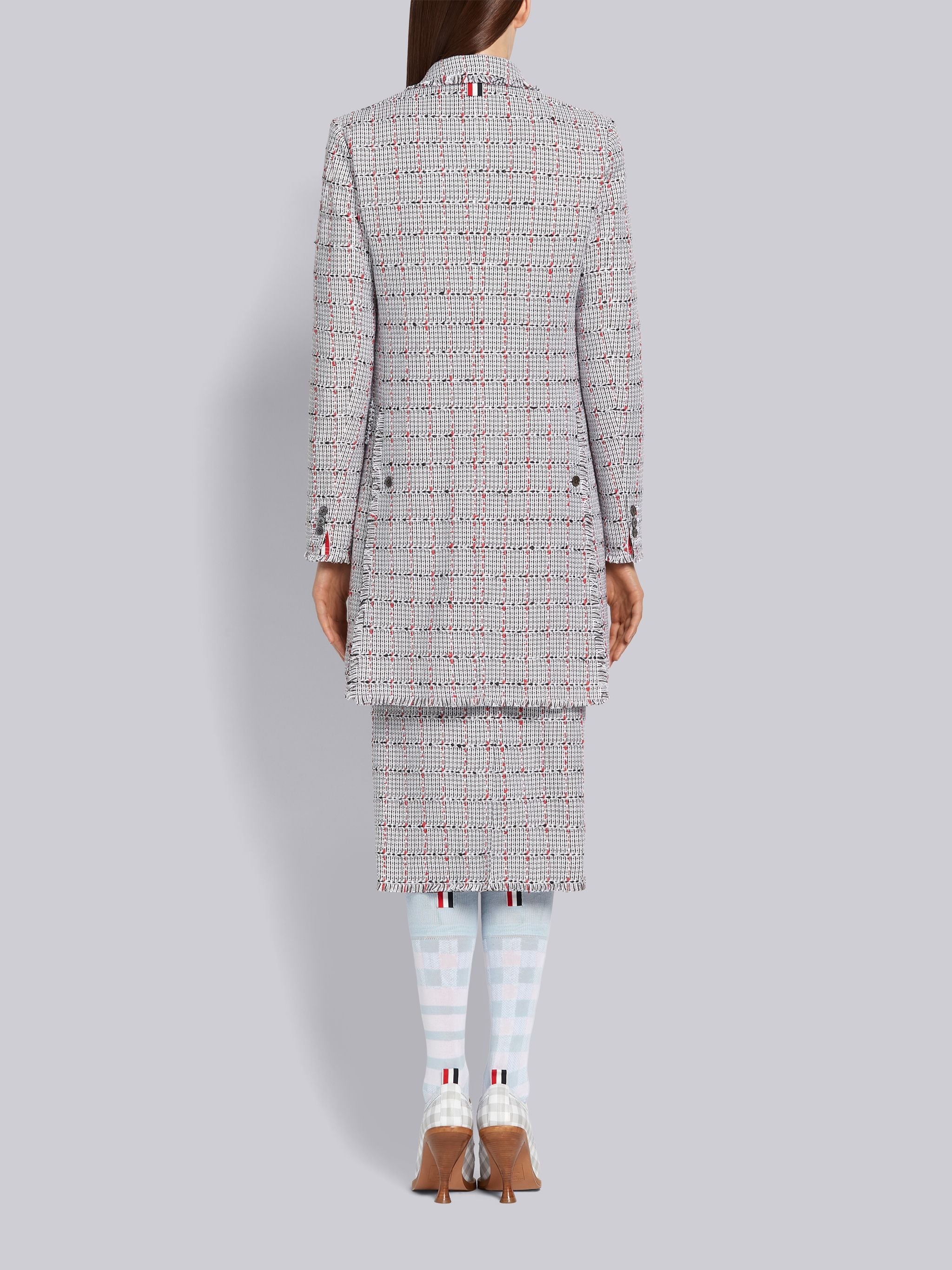 Medium Grey Cotton Windowpane University Check Tweed Frayed High Armhole Chesterfield Overcoat - 3