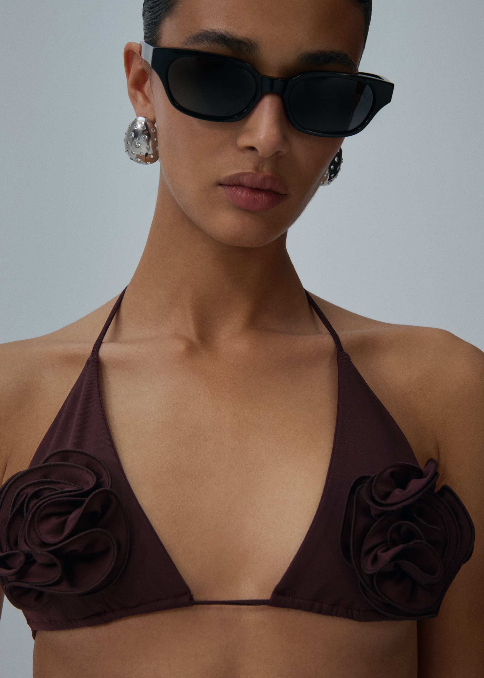 Floral strappy triangle bikini top in brown - 5