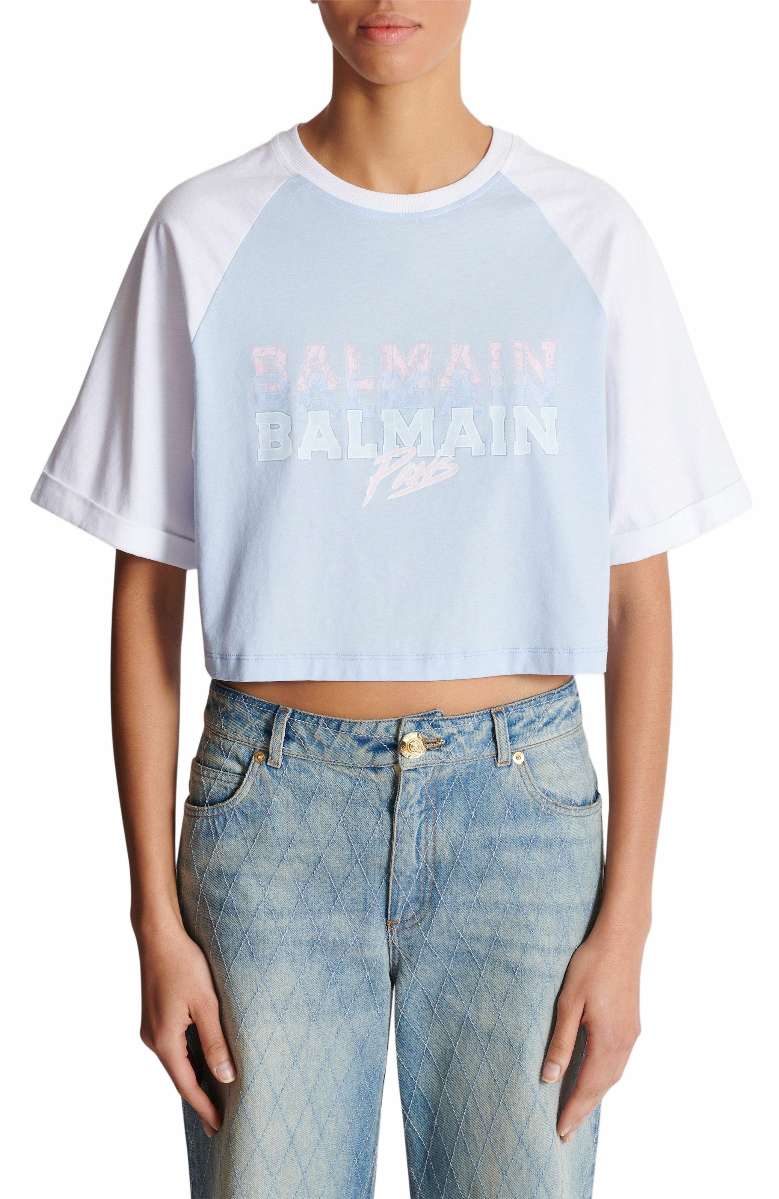 Cropped T-shirt with Balmain Paris print in Blue at Nordstrom - 7
