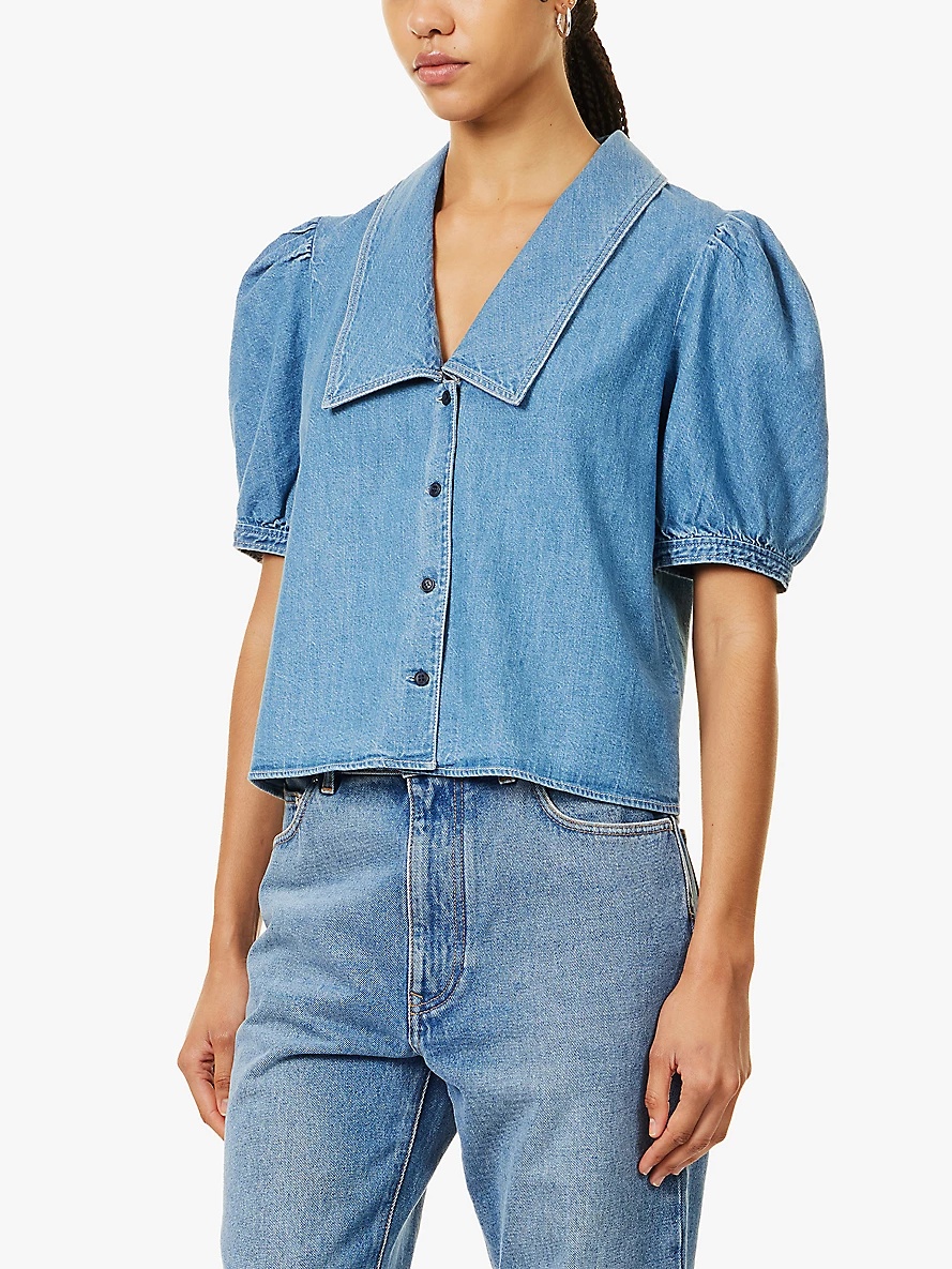 Short-sleeved button-through denim-blend blouse - 3