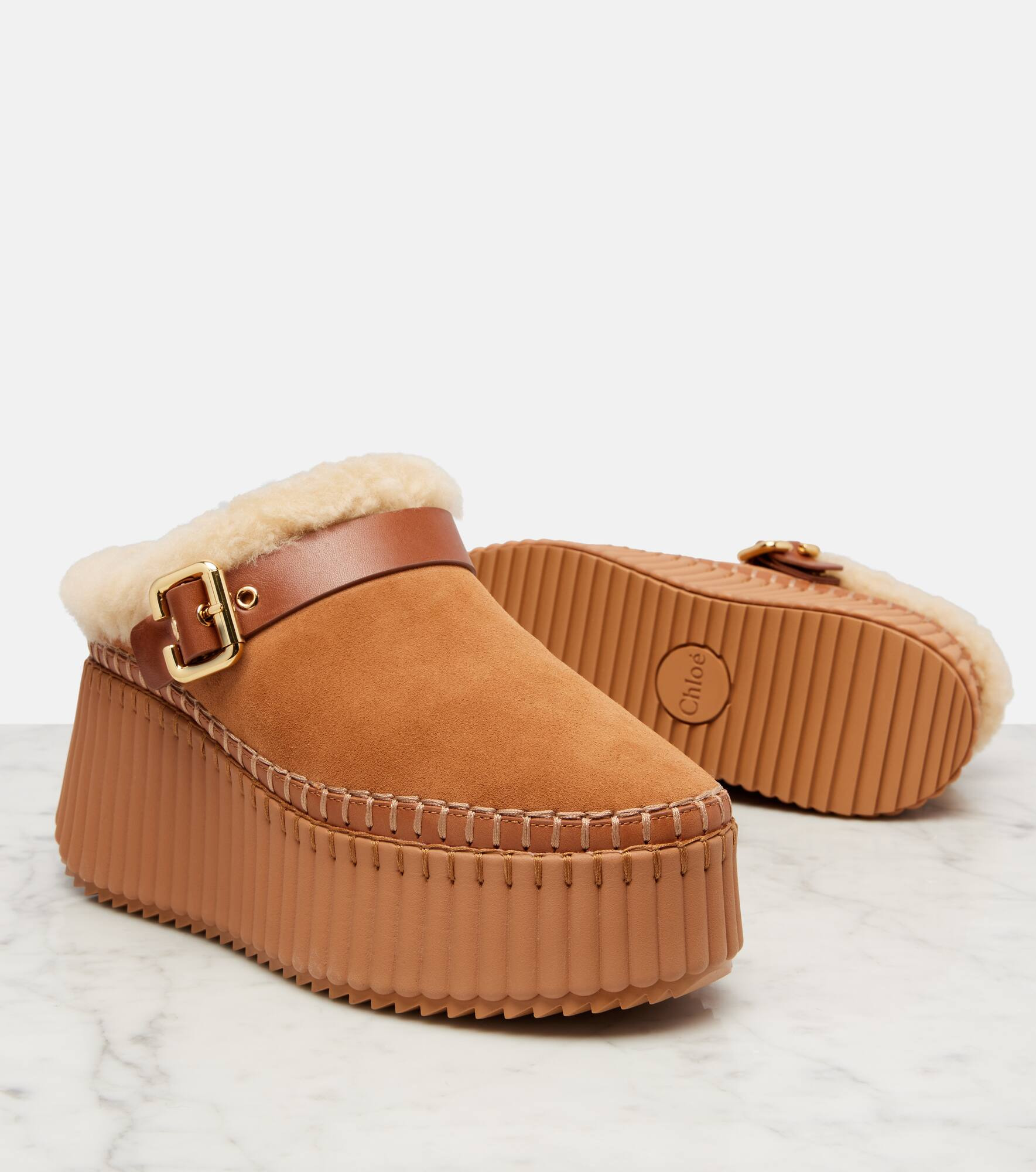 Nama 80 shearling-lined suede platform mules - 5