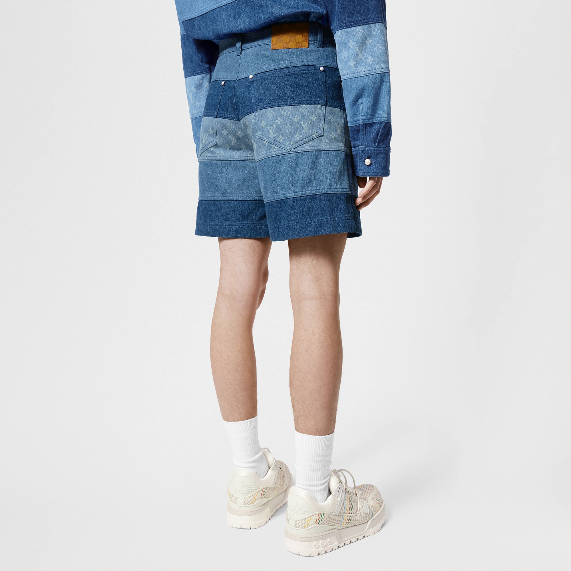Striped Patchwork Denim Shorts - 5