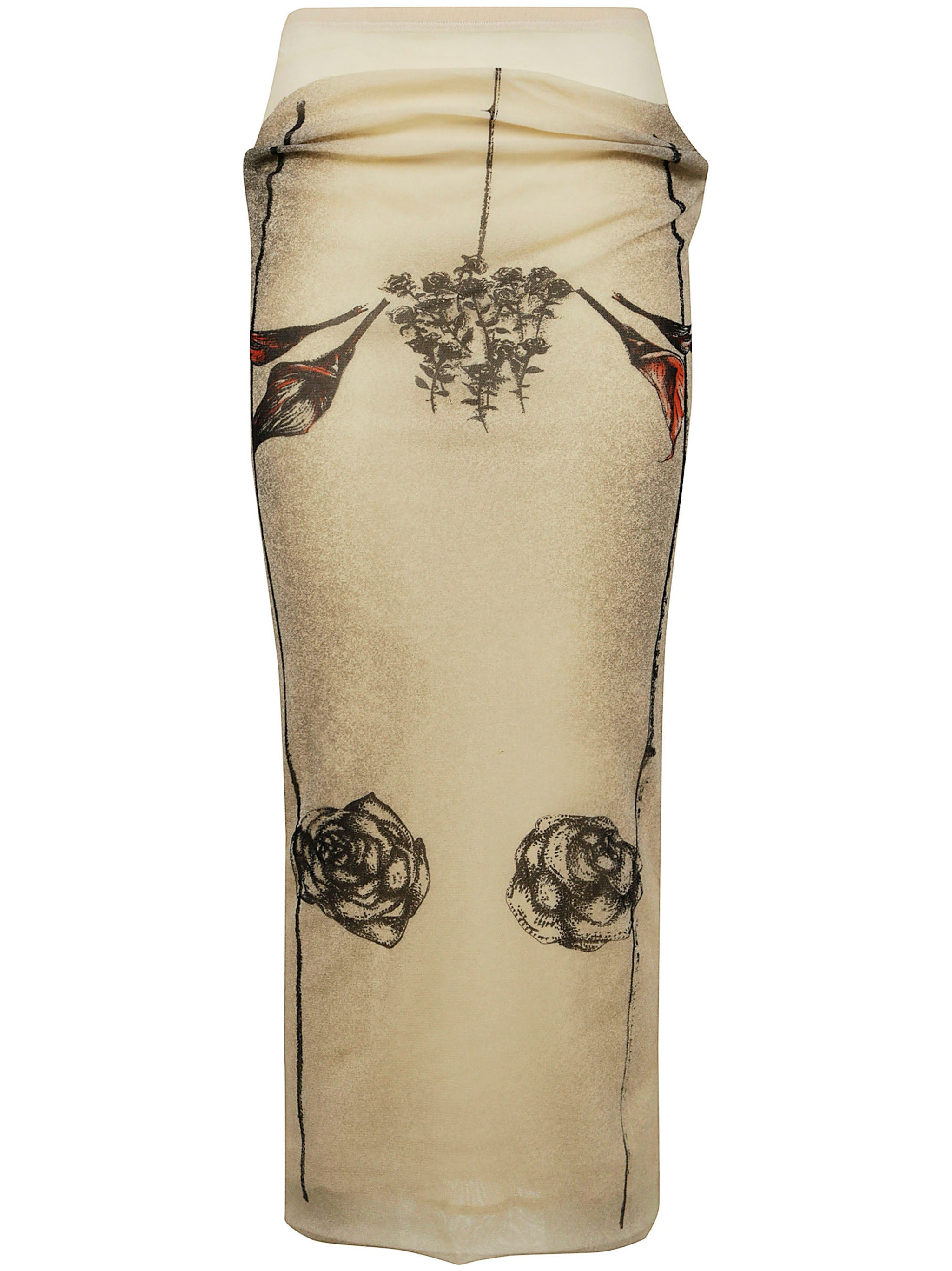 Jean Paul Gaultier Women Mesh Skirt Double Layer Printed "Tattoo Rose & Bird" - 6