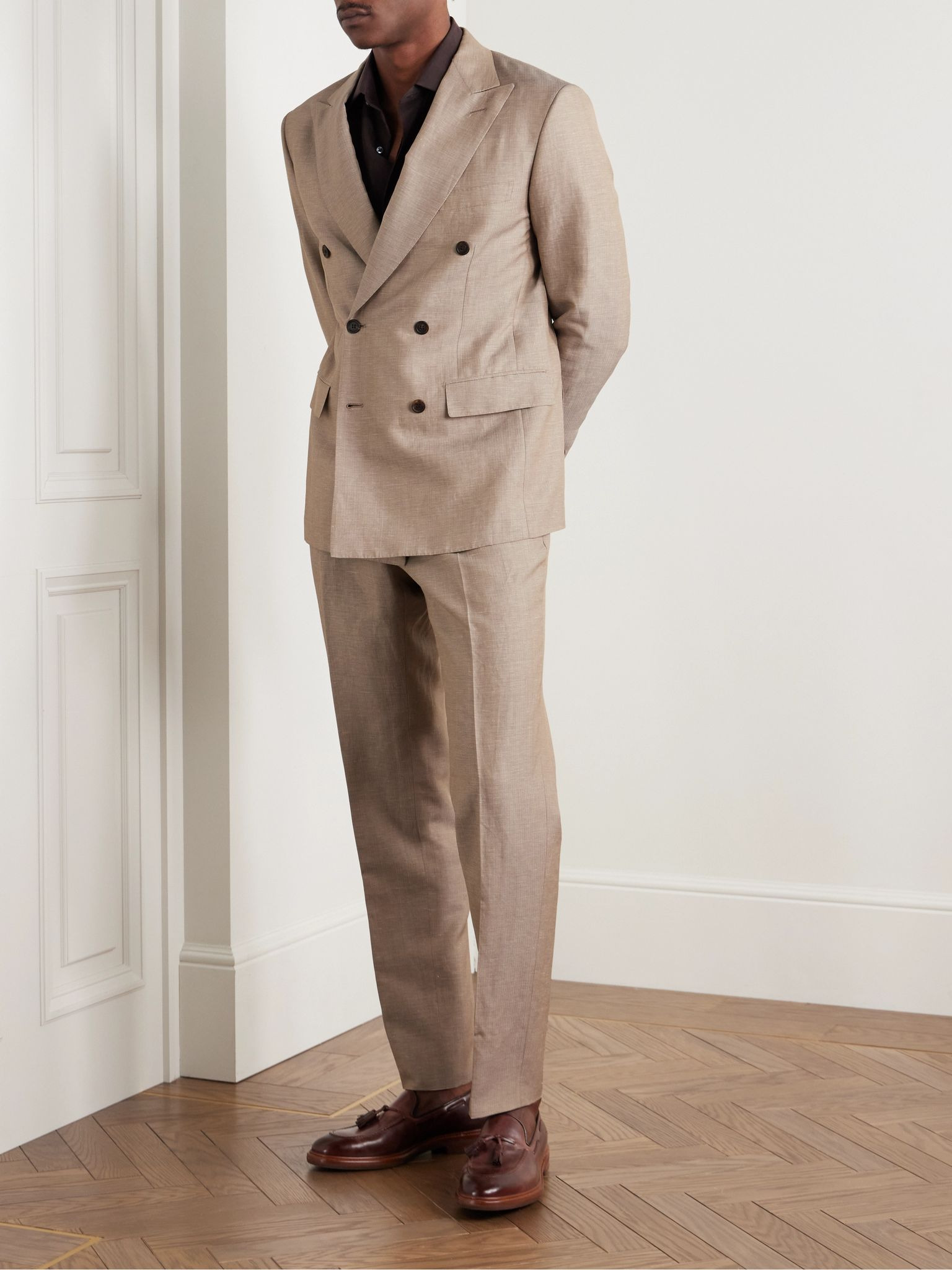 Slim-Fit Double-Breasted Wool, Linen and Silk-Blend Suit Neutral - 2