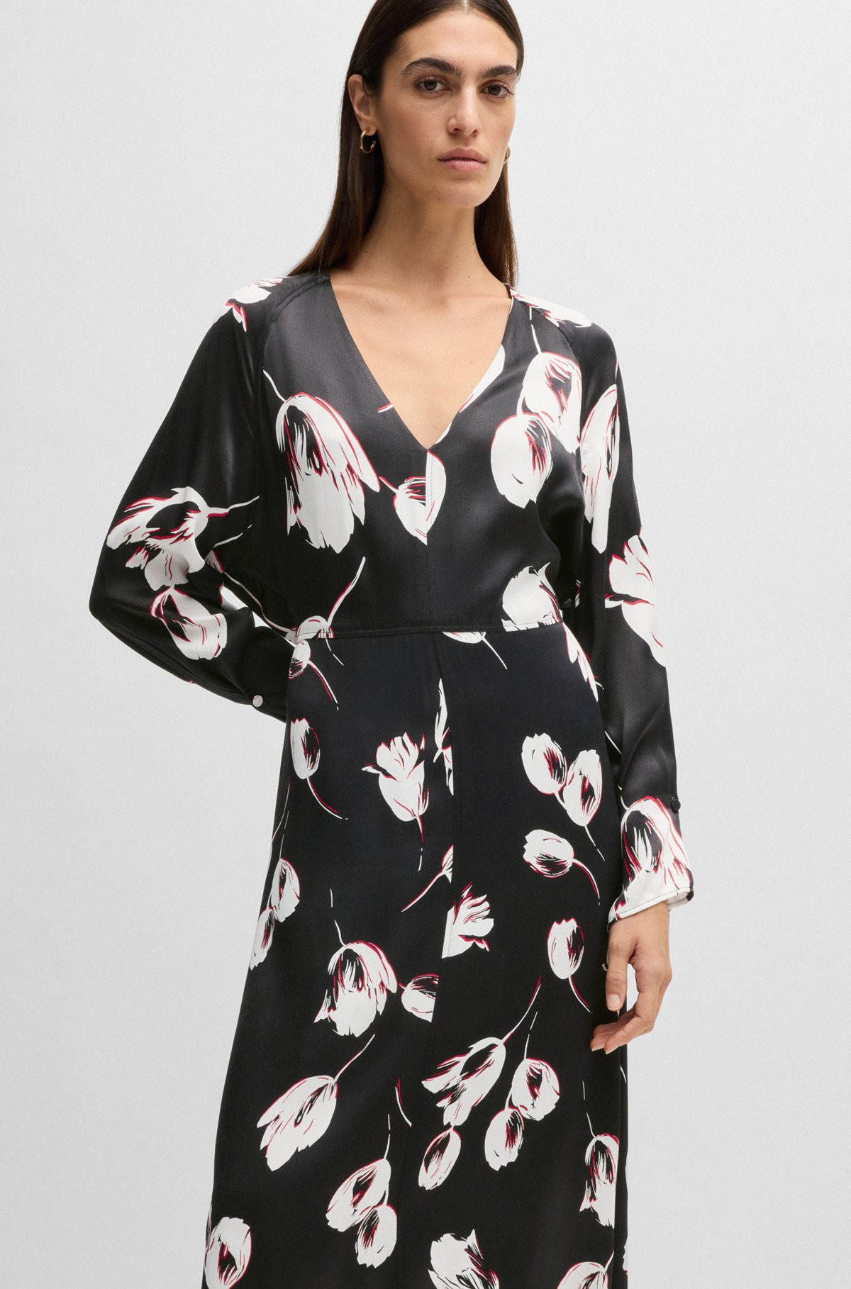 SATIN V-NECK DRESS WITH TULIP PRINT - 6