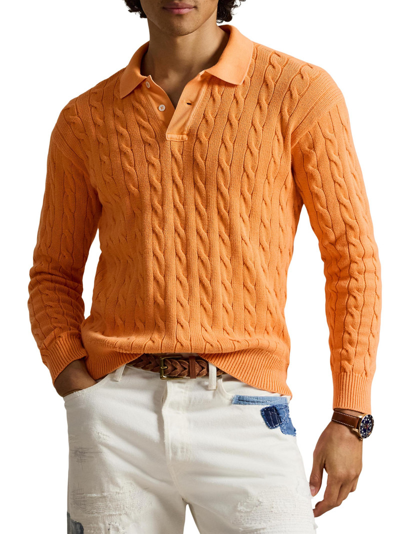 Men's Cable-Knit Cotton Polo Sweater - Sunfade Orange 1
