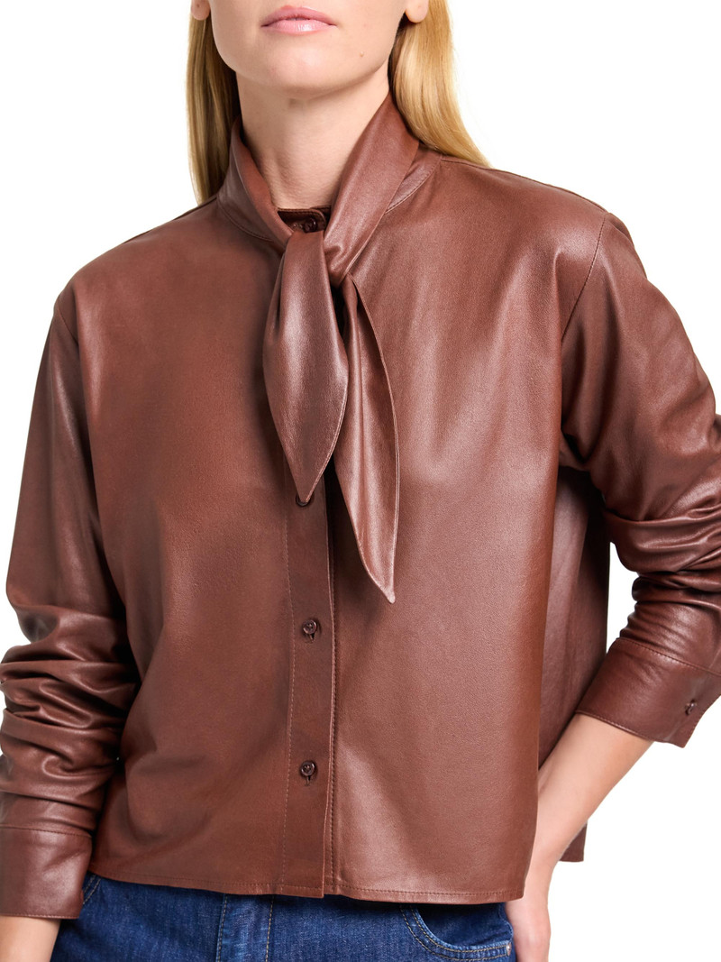 Women's Tieneck Leather Shirt - Cigar 6