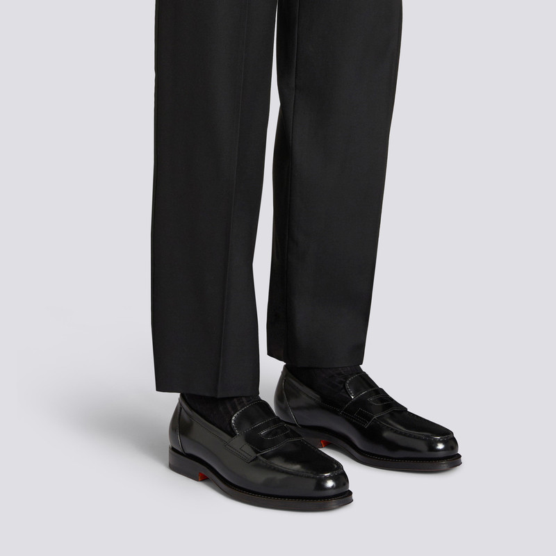 Santoni Men's black leather penny loafer outlook