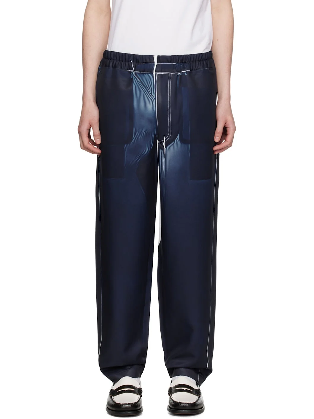 Navy Polyester Twill Garment Printed Trousers - 1