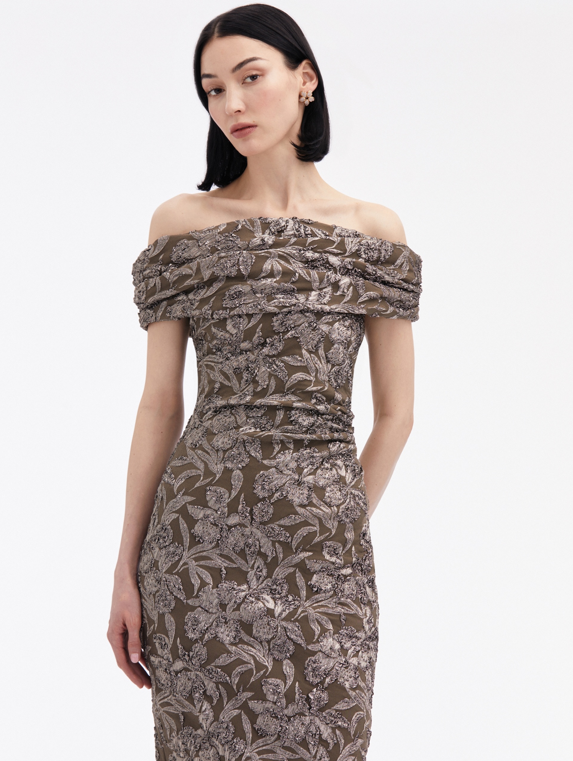 METALLIC ORCHID JACQUARD COCKTAIL DRESS - 4