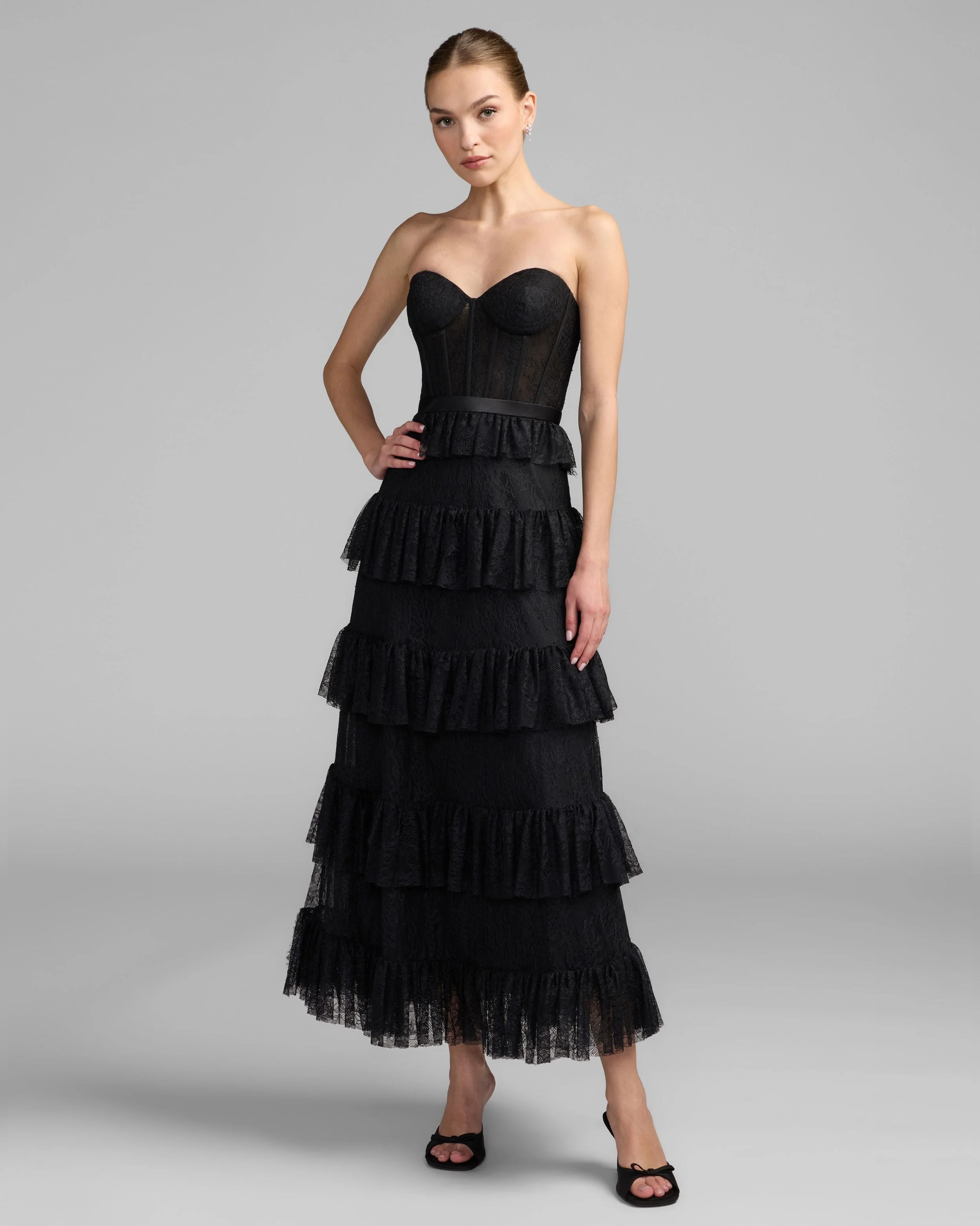 Black Strapless Tiered Lace Midi Dress - 1