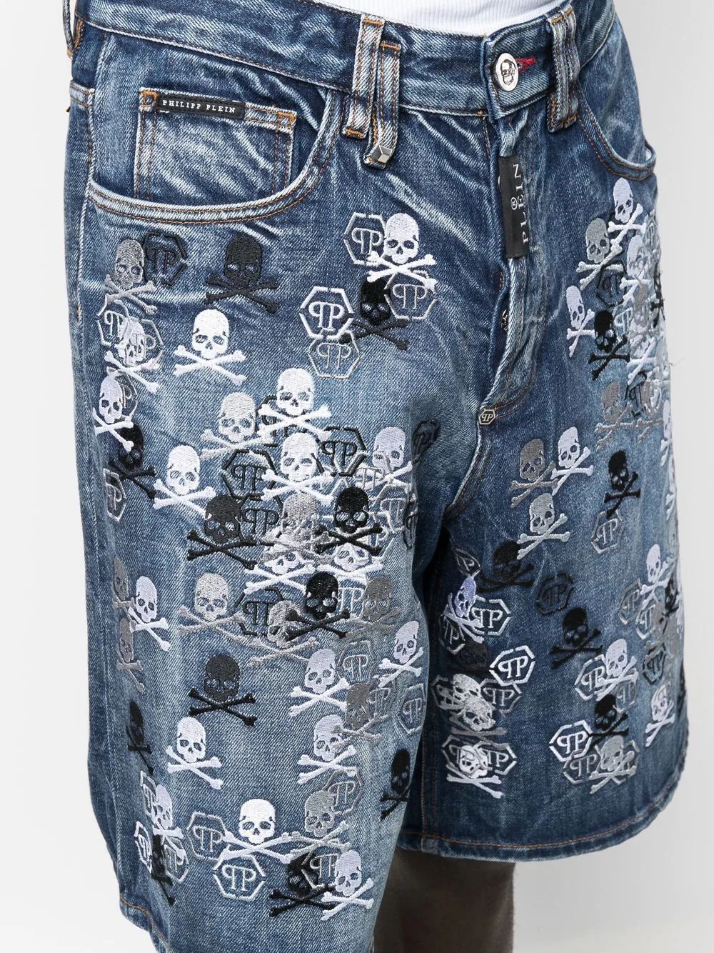 skull-embroidery denim shorts - 5