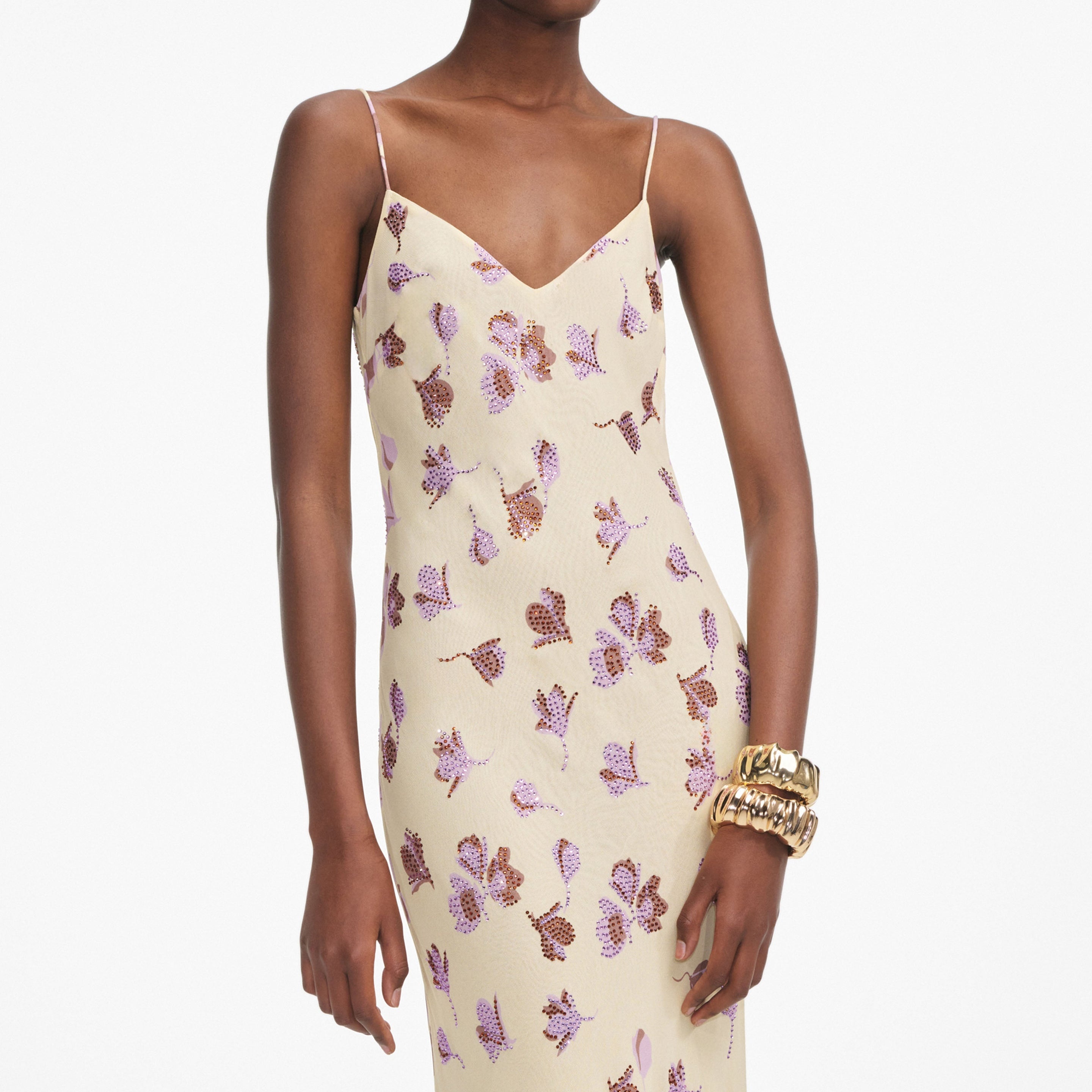 Yellow Floral Rhinestone Maxi Dress - 4