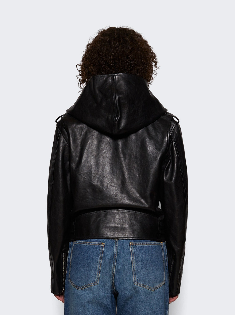 Leather Hooded Biker Jacket Black - 4