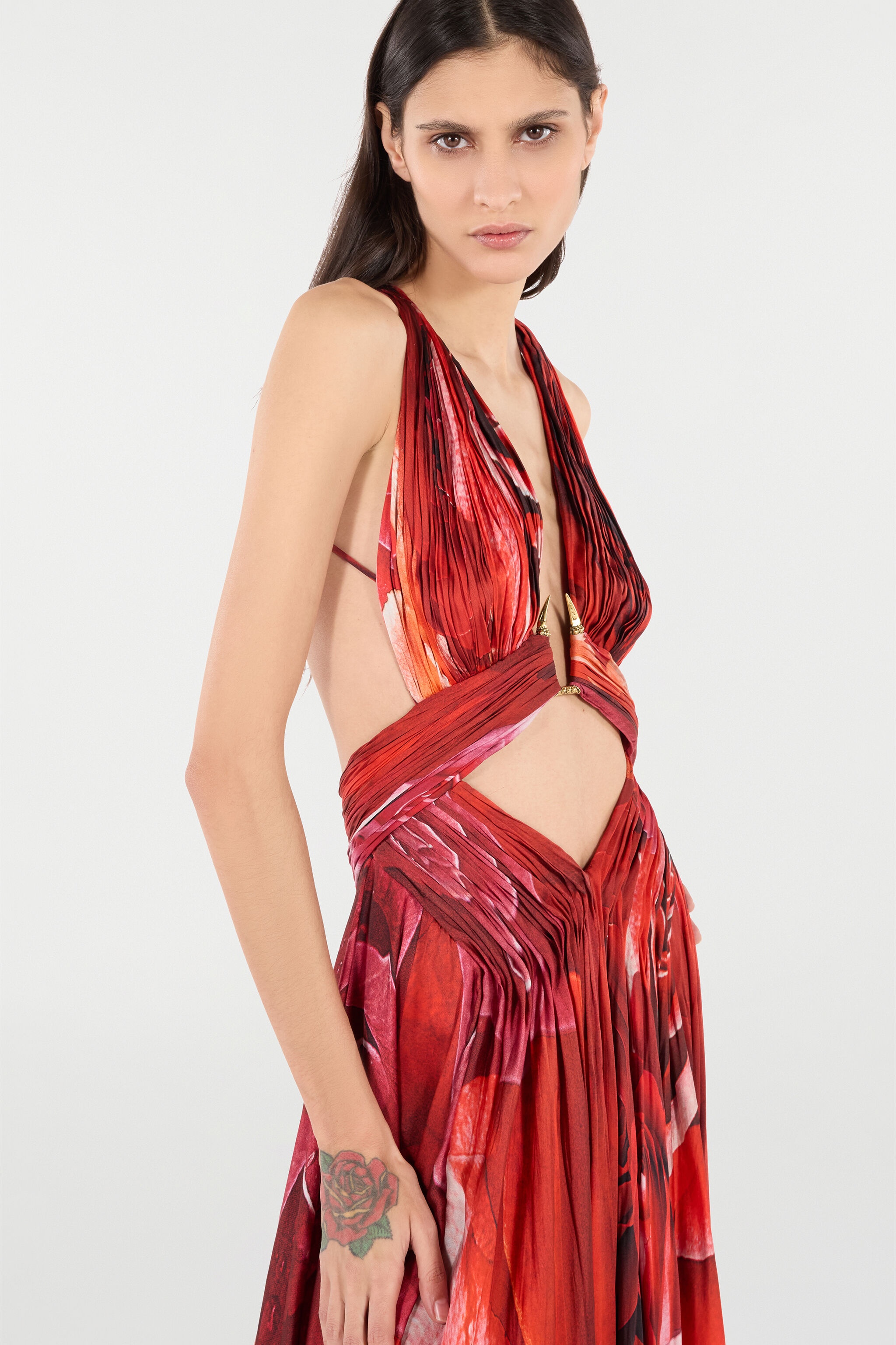 Long Dress With Rose Print And Cut-Out - 6