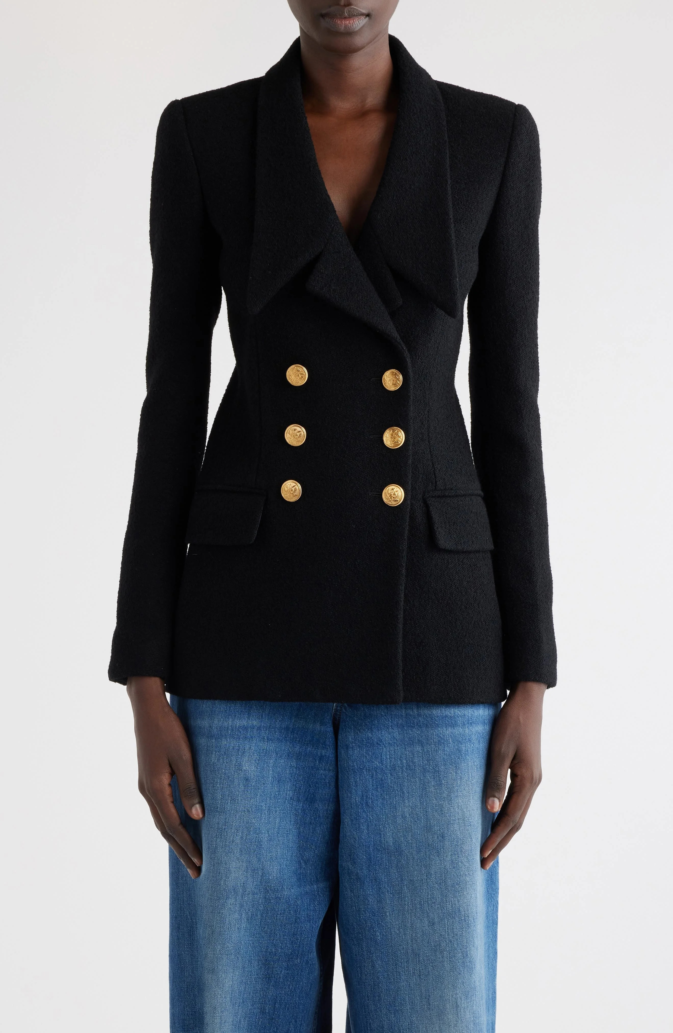 Chloé Fitted Double Breasted Wool Blend Bouclé Blazer in Black at Nordstrom - 1
