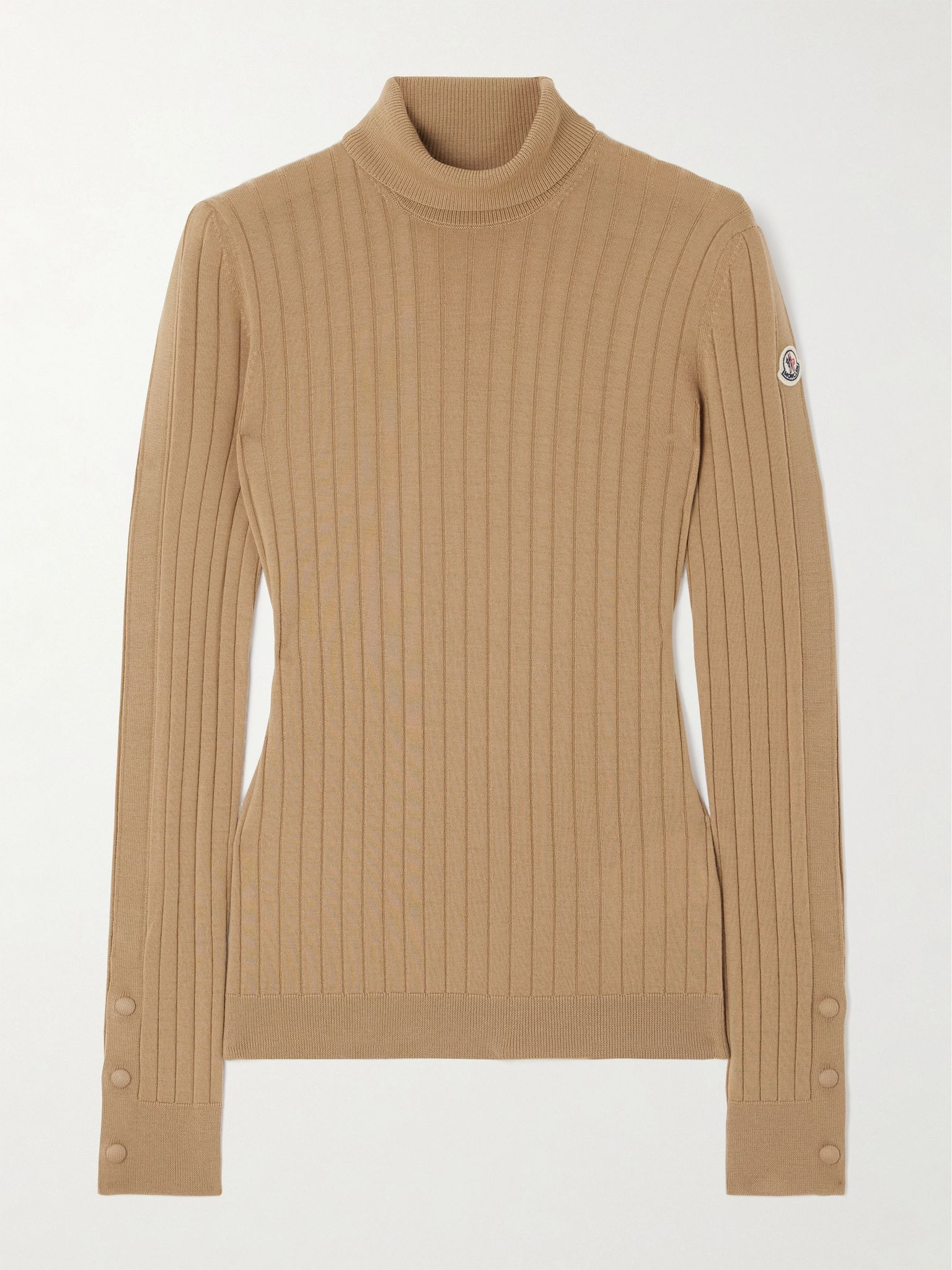Button-detailed appliquéd ribbed wool and cashmere-blend turtleneck sweater Tan - 1
