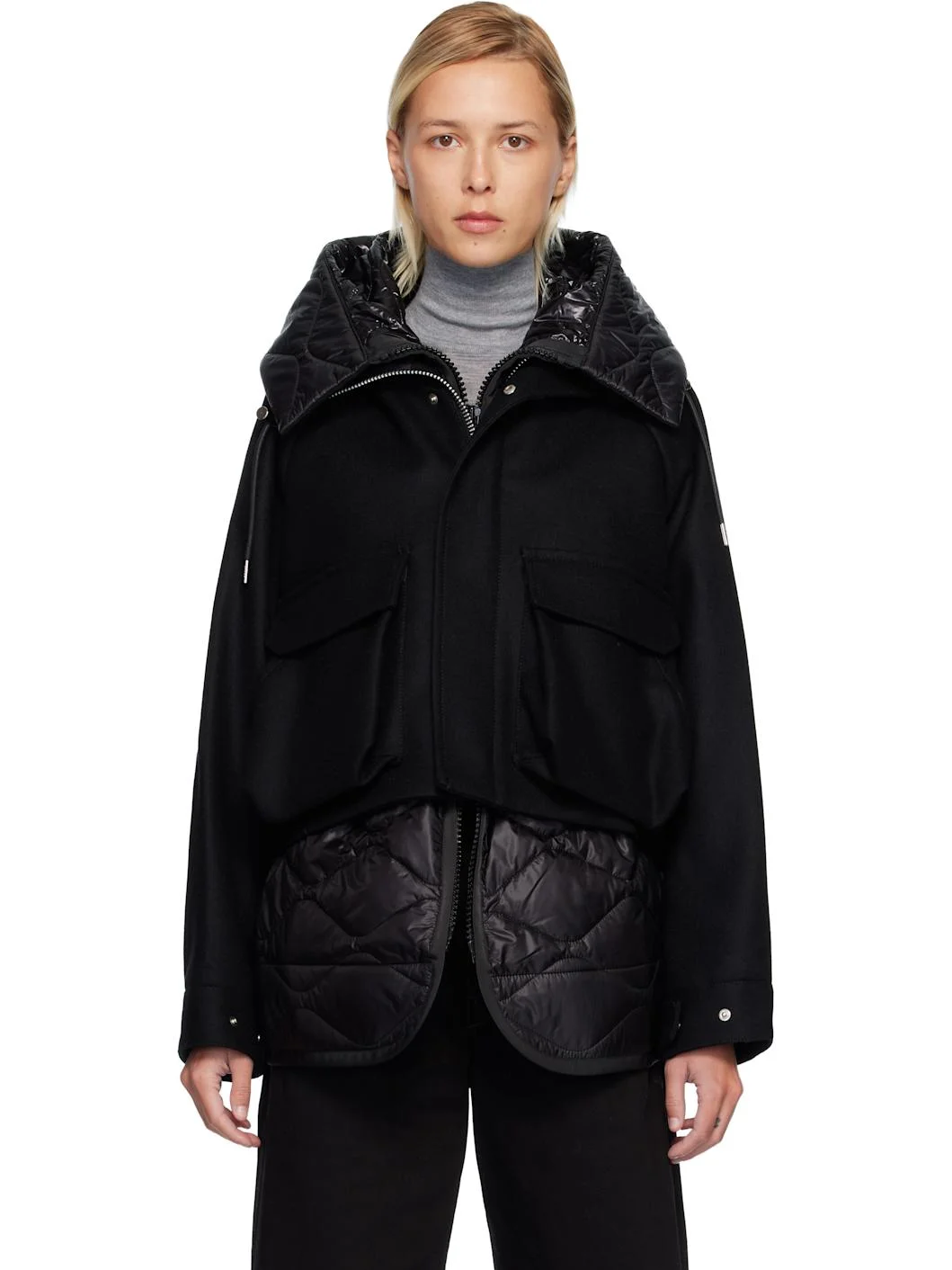 Black Wool Melton Blouson Coat - 1