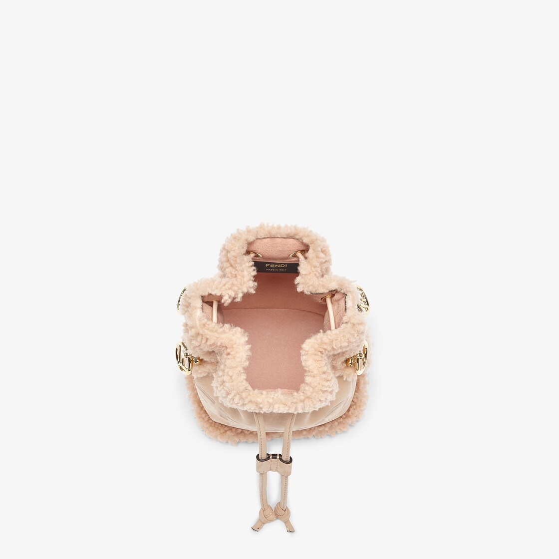 Small Mon Tresor bucket bag made of pale pink nubuck, embellished with tone on tone sheepskin and FE - 4